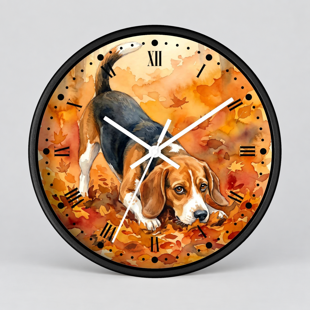 A round wall clock with a black frame and a printed illustration of a beagle dog walking through orange autumn leaves. The clock face has Roman numerals and white hands, shown against a light gray background.