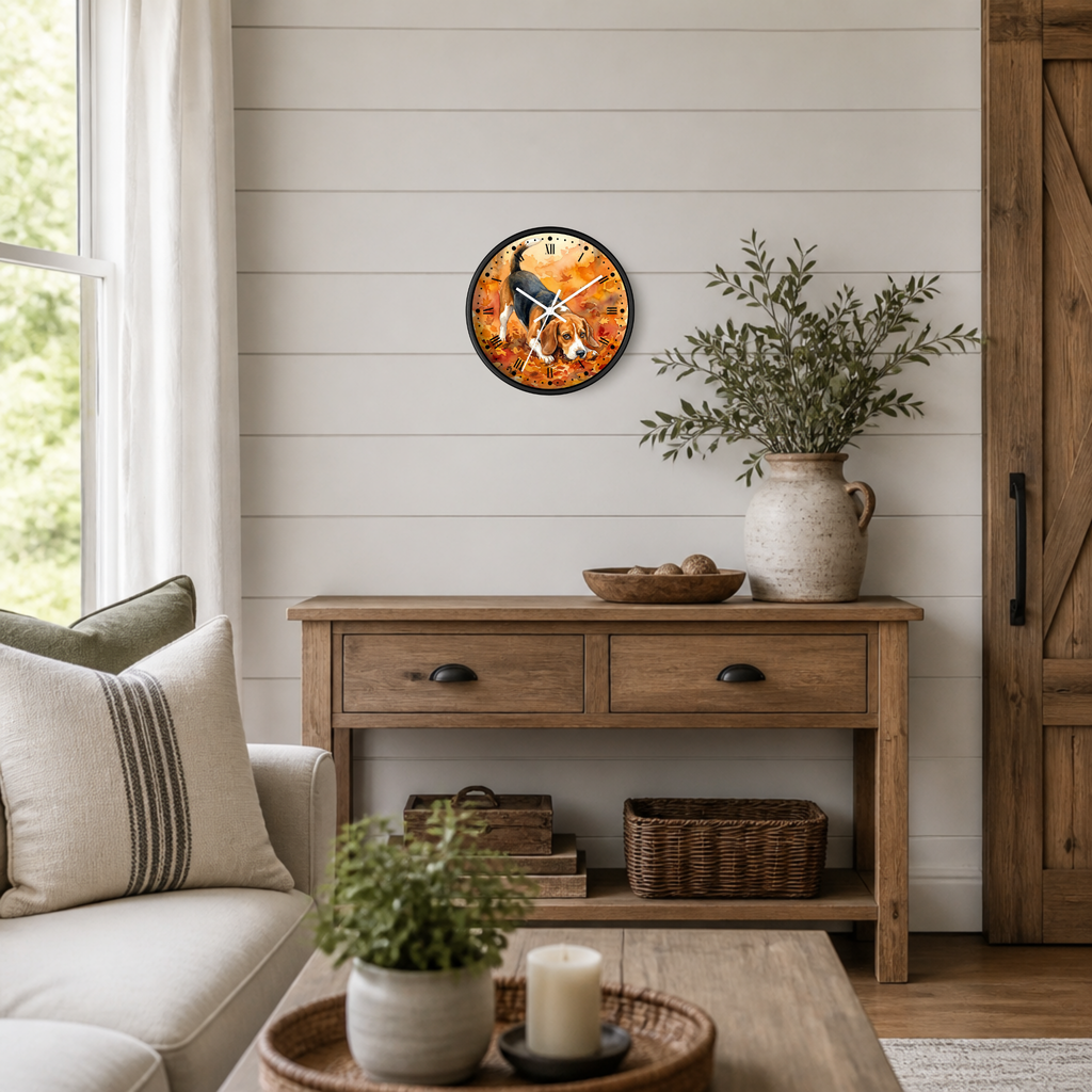 A round wall clock with a rustic autumn beagle dog design hangs on a white shiplap wall above a wooden console table in a styled living room setting.