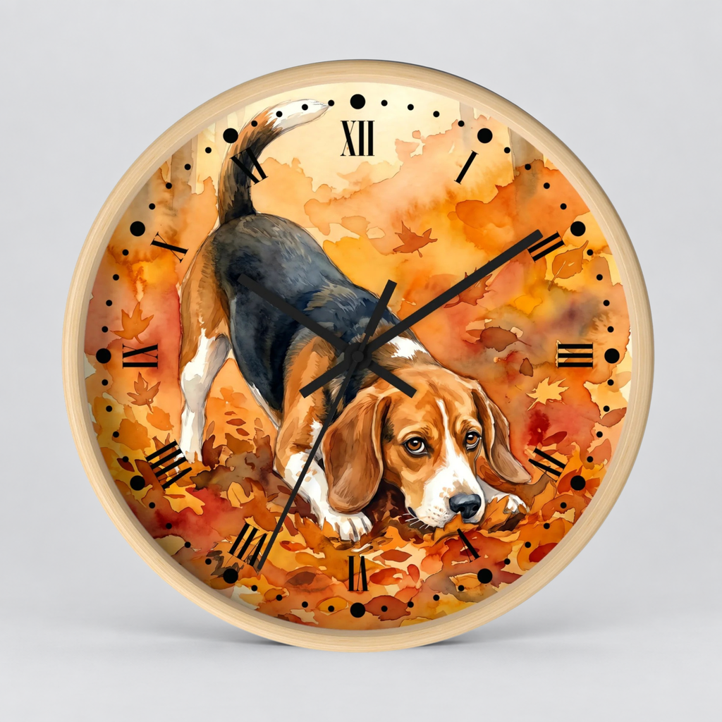 Round wall clock with a light wood frame and a printed dial showing a beagle dog walking through orange autumn leaves. The clock uses black Roman numerals and black hands, photographed against a light gray studio background.