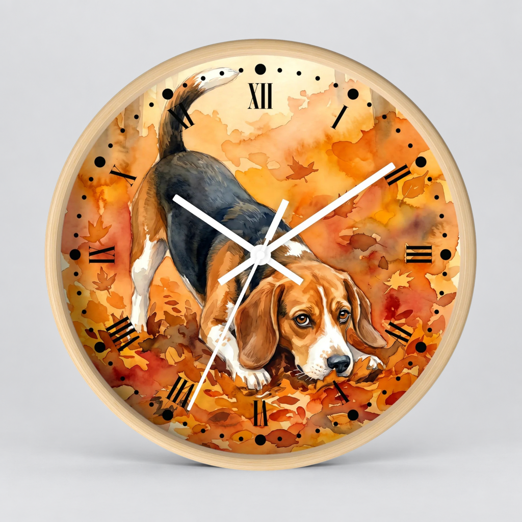 Round wall clock with a light wood frame and a printed illustration of a beagle dog walking through orange autumn leaves. The clock face has black Roman numerals and black dot hour markers, with white clock hands.