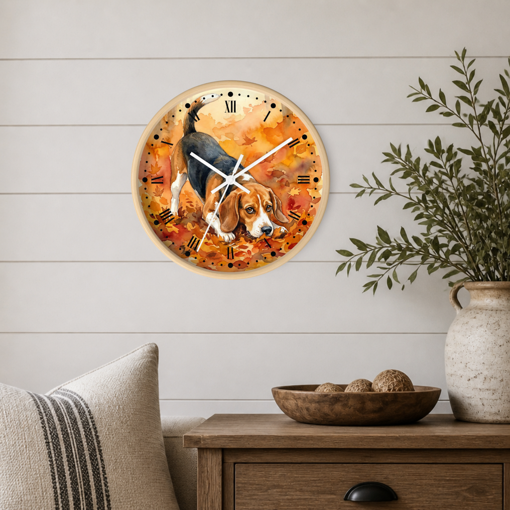 A round wall clock with a painted beagle illustration and autumn leaves, mounted on a white shiplap wall above a wooden side table with a vase and bowl.