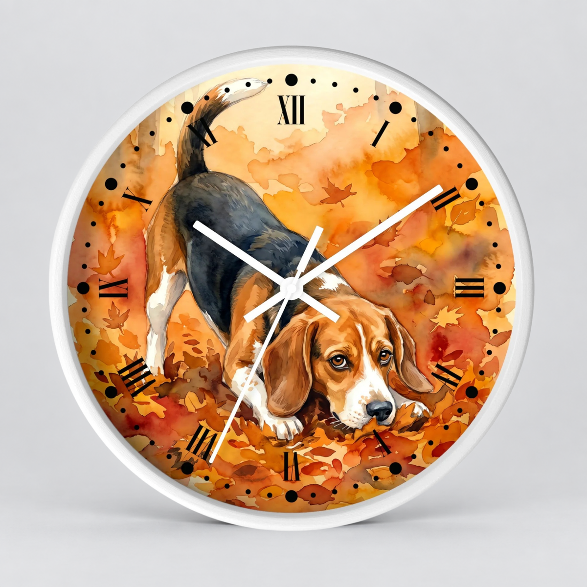 Round wall clock with a white frame and a printed illustration of a beagle dog walking through orange autumn leaves, shown against a light gray background.