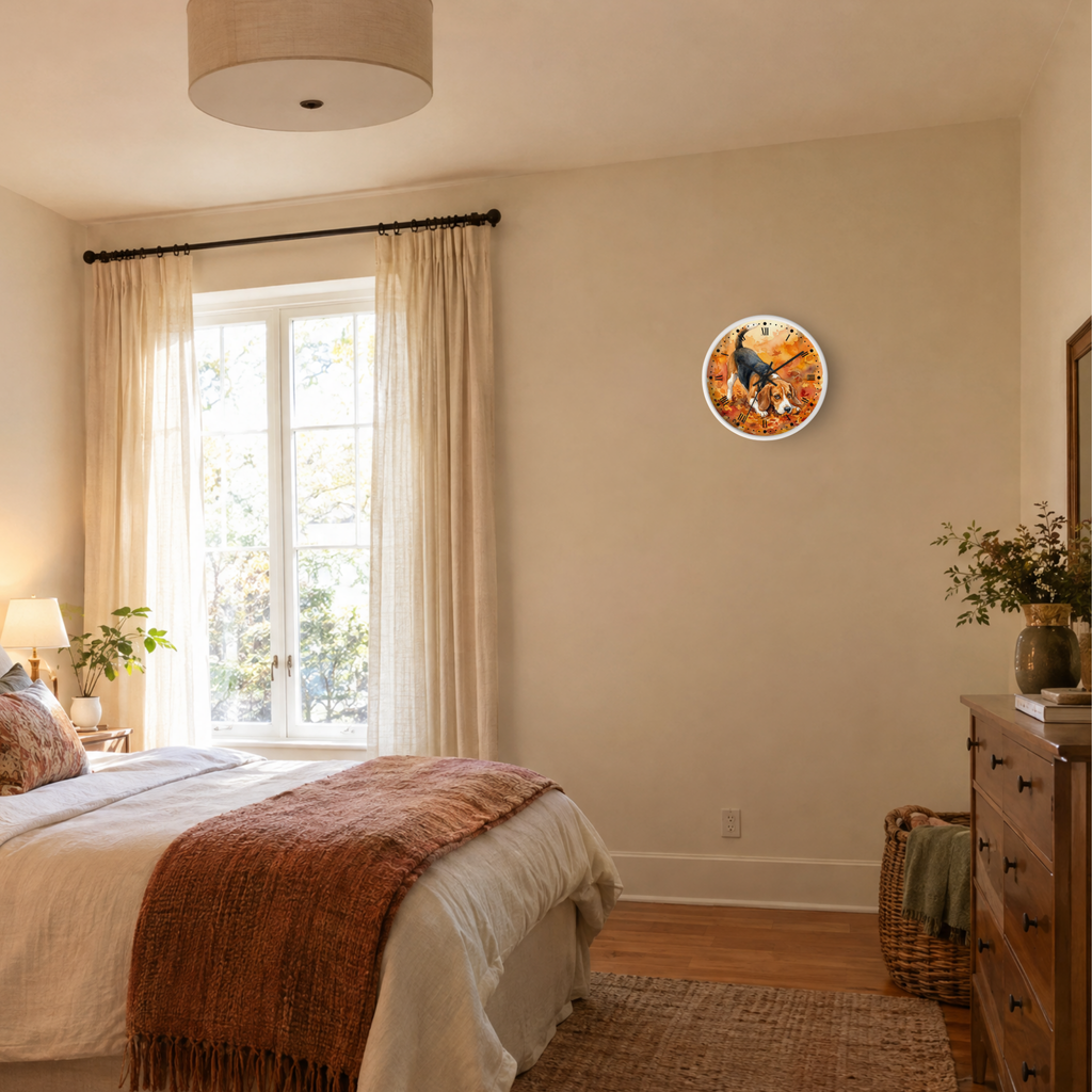 A round wall clock with a colorful autumn beagle dog illustration hangs on a beige wall in a styled bedroom with a bed, window, curtains, and wooden dresser.