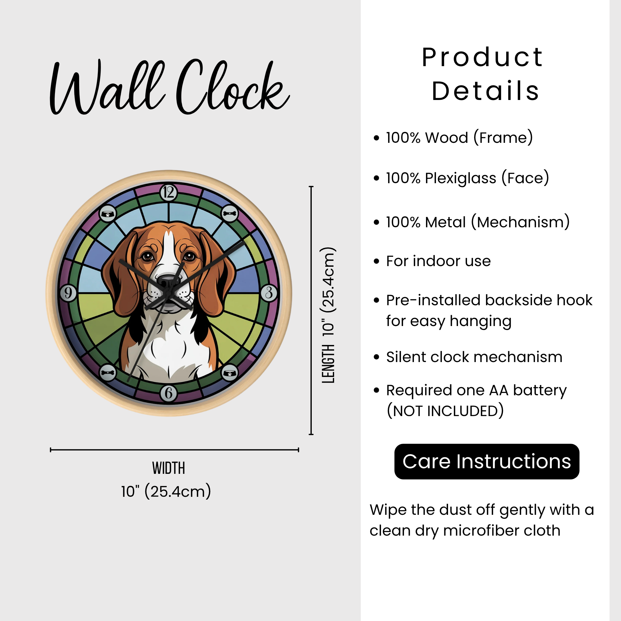 Wall clock with beagle dog illustration and product details on a white background