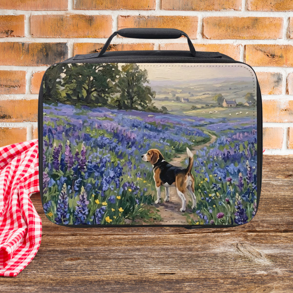  insulated lunch bag with a painting design of a beagle dog in a wildflower field on a wooden picnic table and brick background.