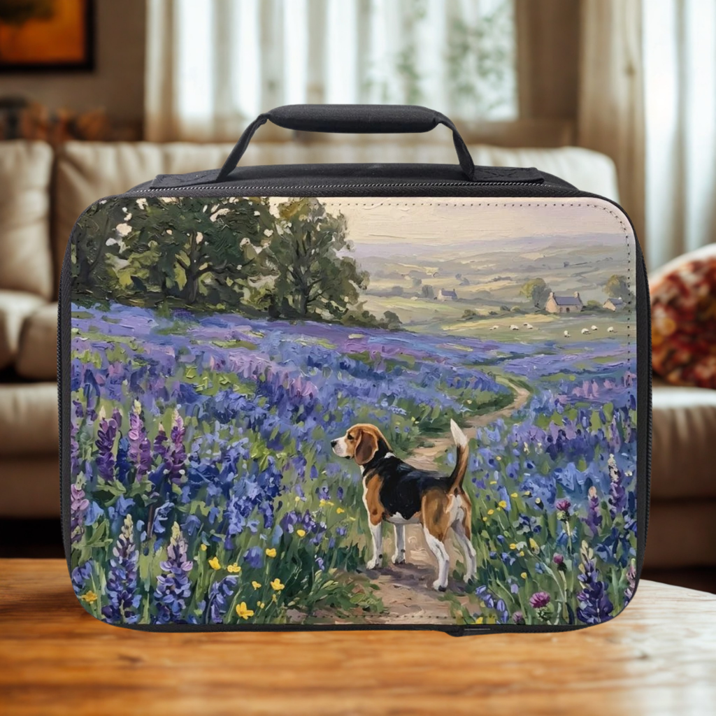  insulated lunch bag with a beagle dog and landscape design on a wooden living room table.