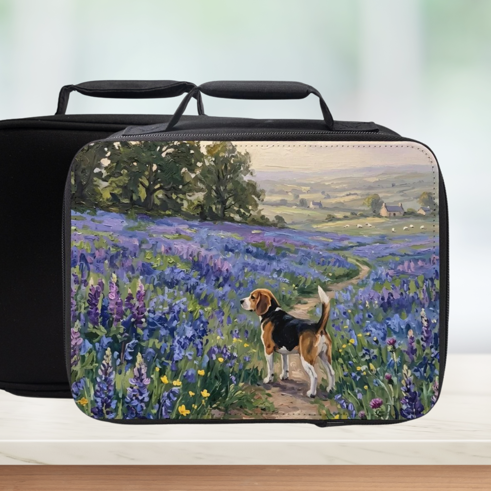 Lunch bag with a beagle in a field of flowers design on a white background