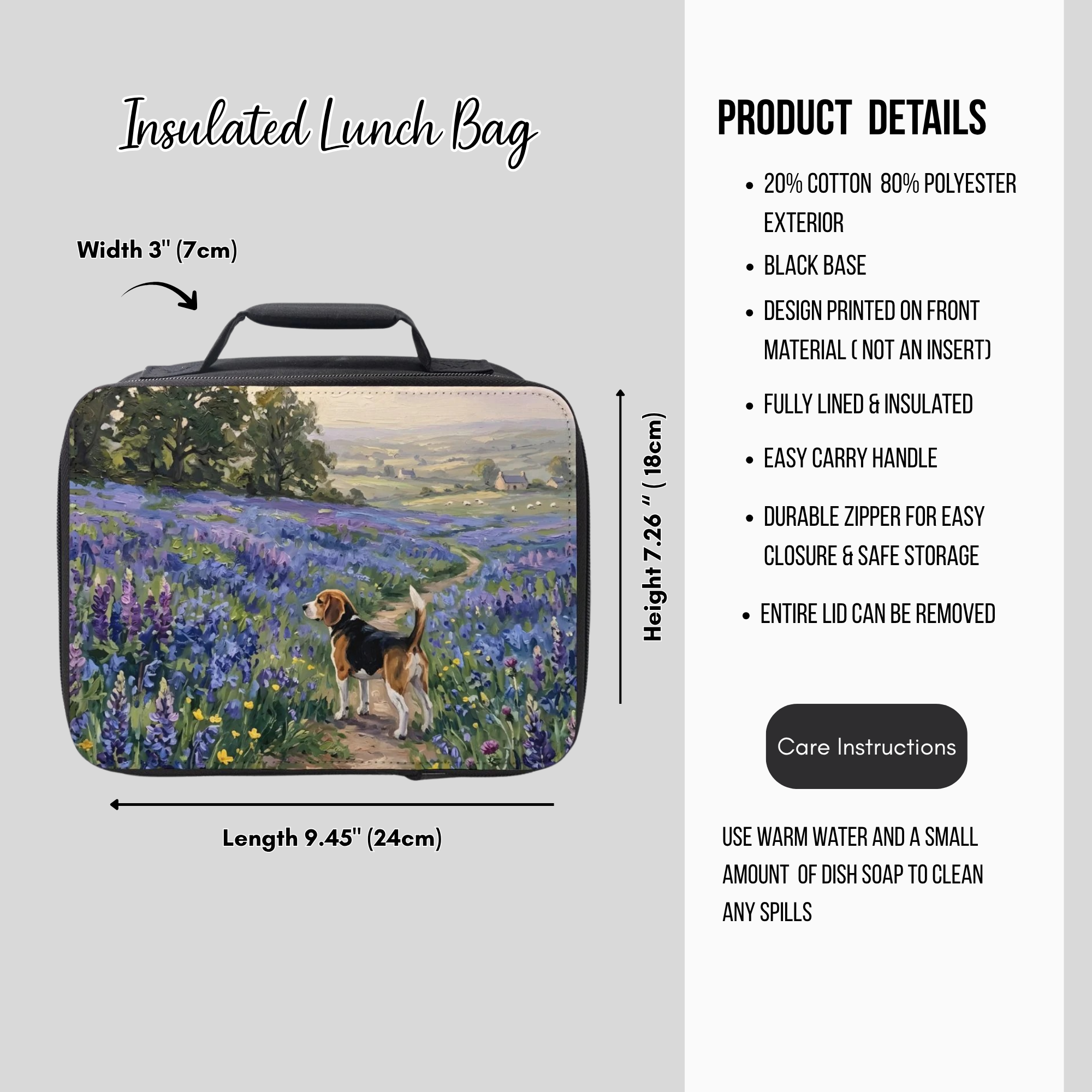 Insulated lunch bag with a design of a beagle dog walking through flowers, accompanied by product details on a gray background.