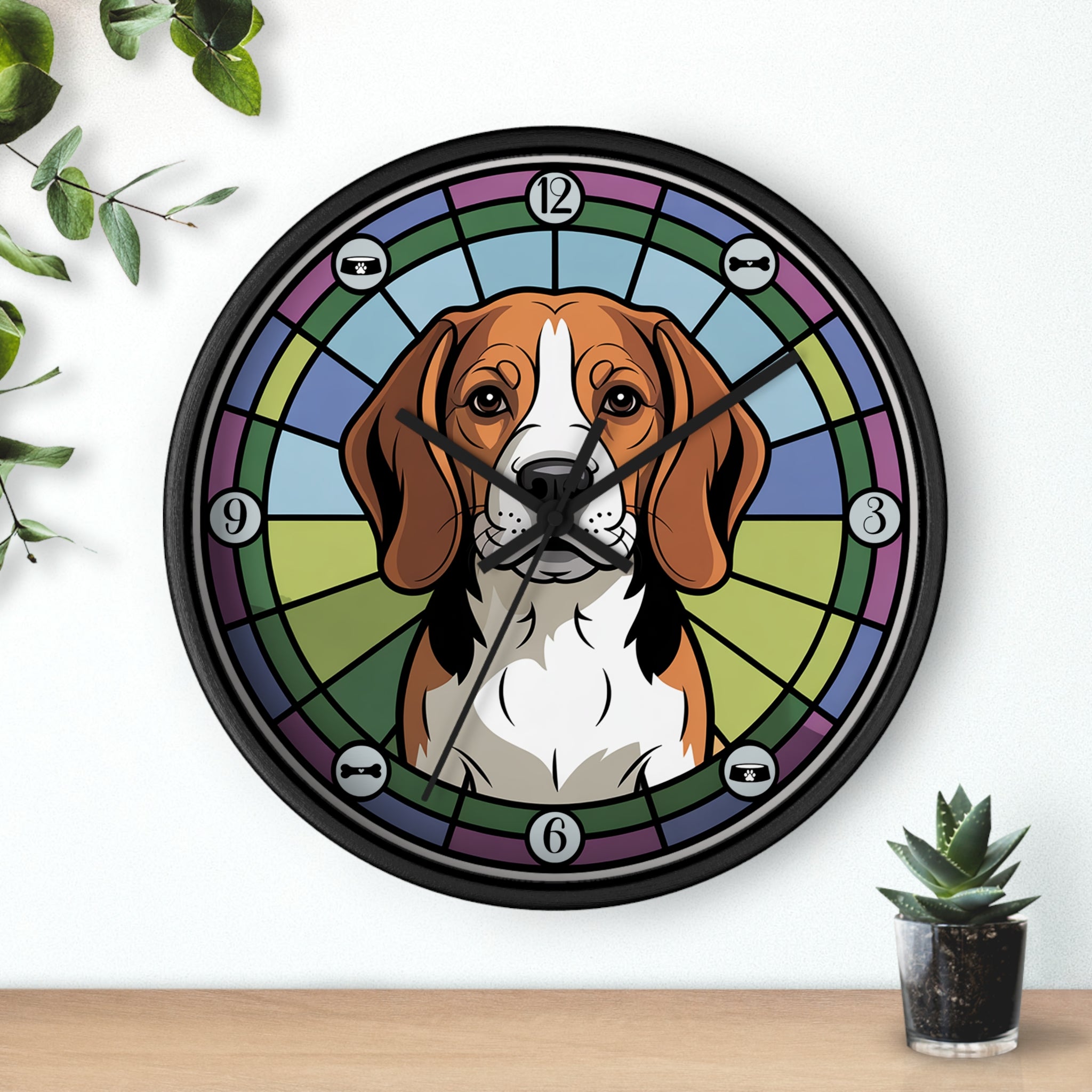 Round black wall clock with a Beagle dog design on a white wall with plants.