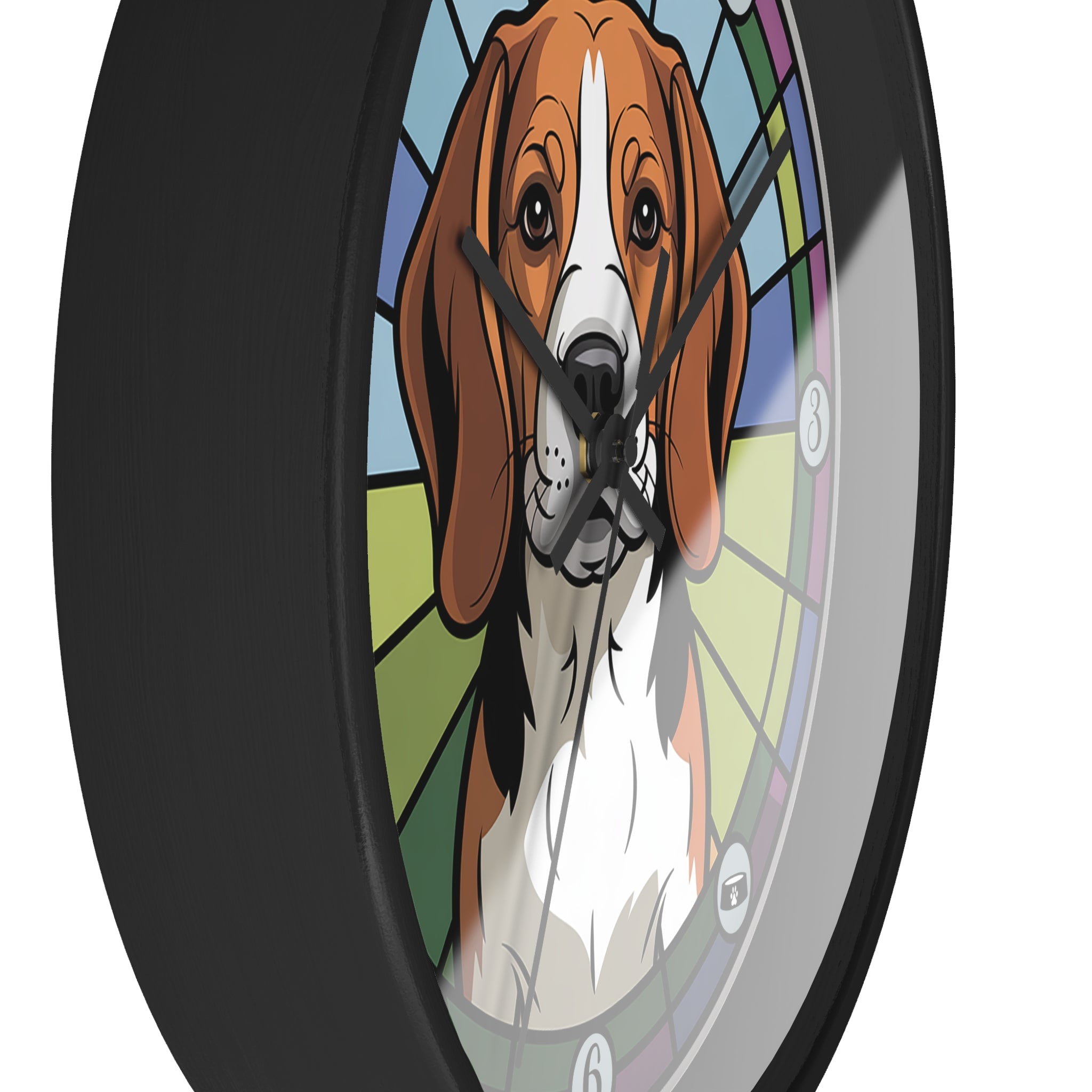 Black wall clock with a Beagle dog illustration in a stained glass style