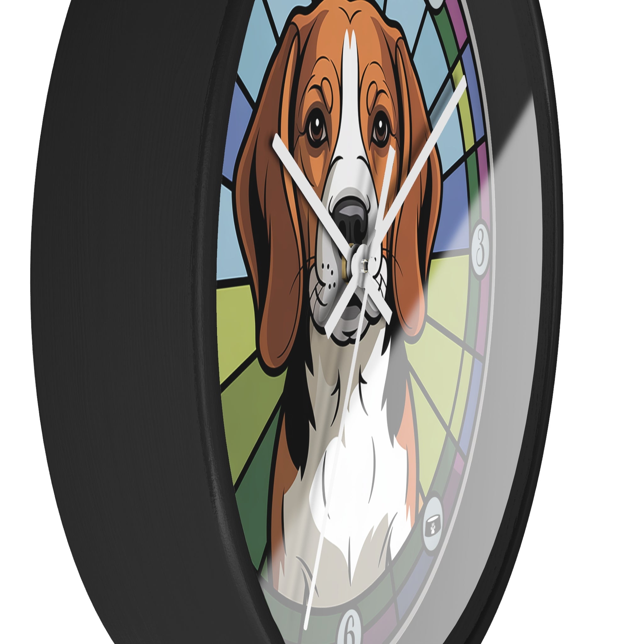 Side view of a black wall clock with a beagle dog illustration in a stained glass style on a black background