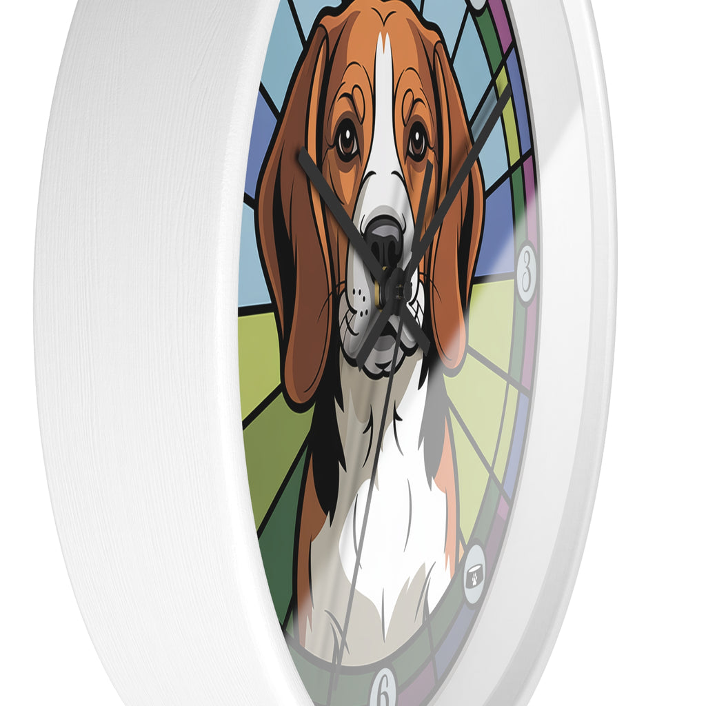 Wall clock with a colorful design of a Beagle dog's face on a white background