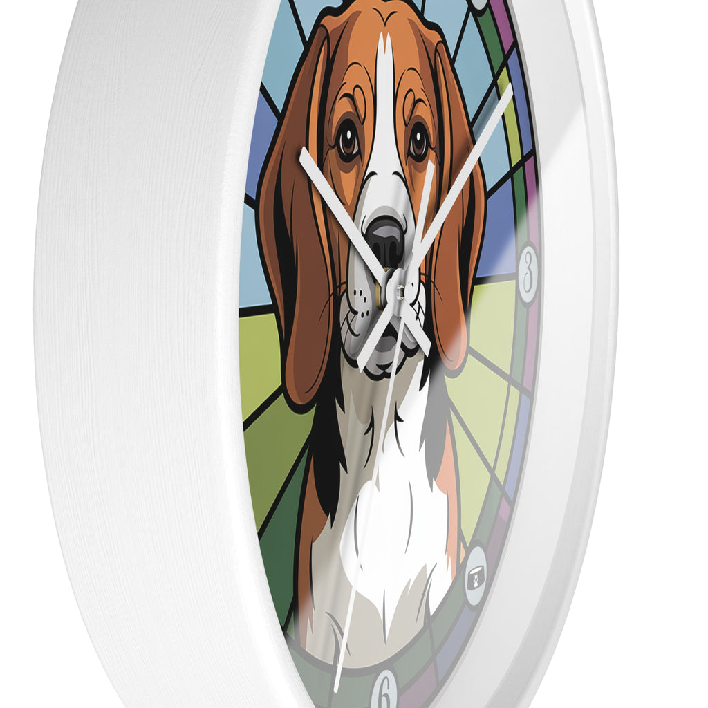 Side of a round white wall clock with a colorful design of a beagle dog's face on a white background