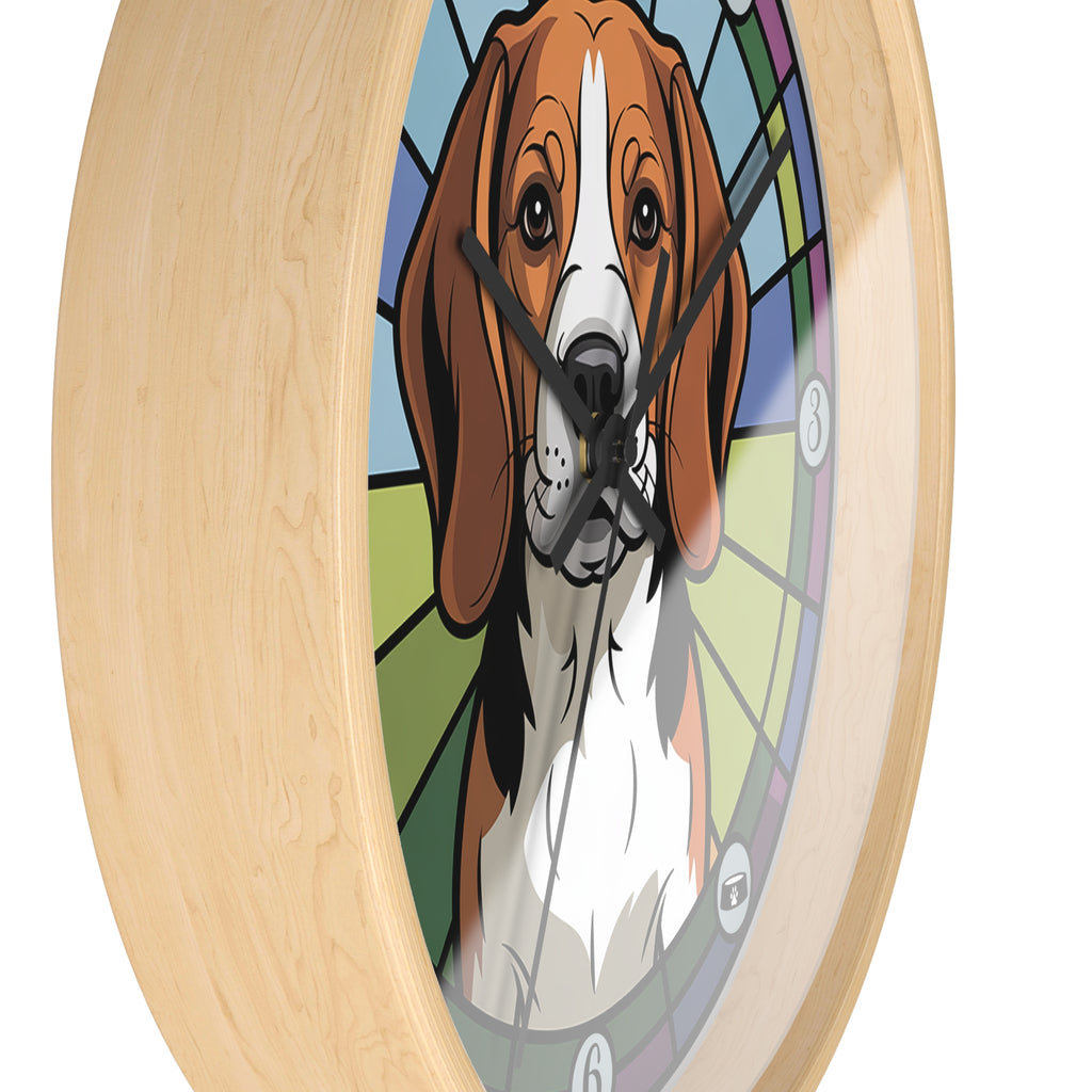 Wall clock with a beagle dog illustration in a stained glass style on a white background