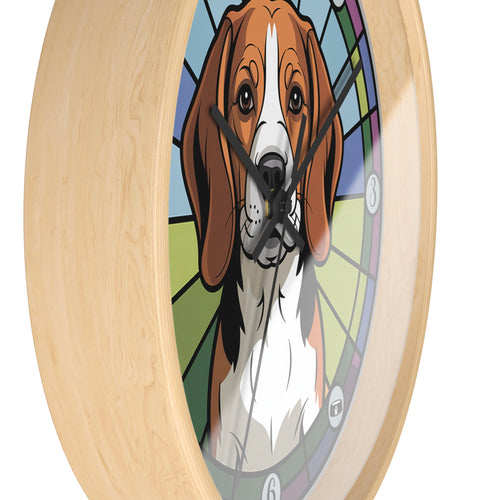 Wall clock with a beagle dog illustration in a stained glass style on a white background