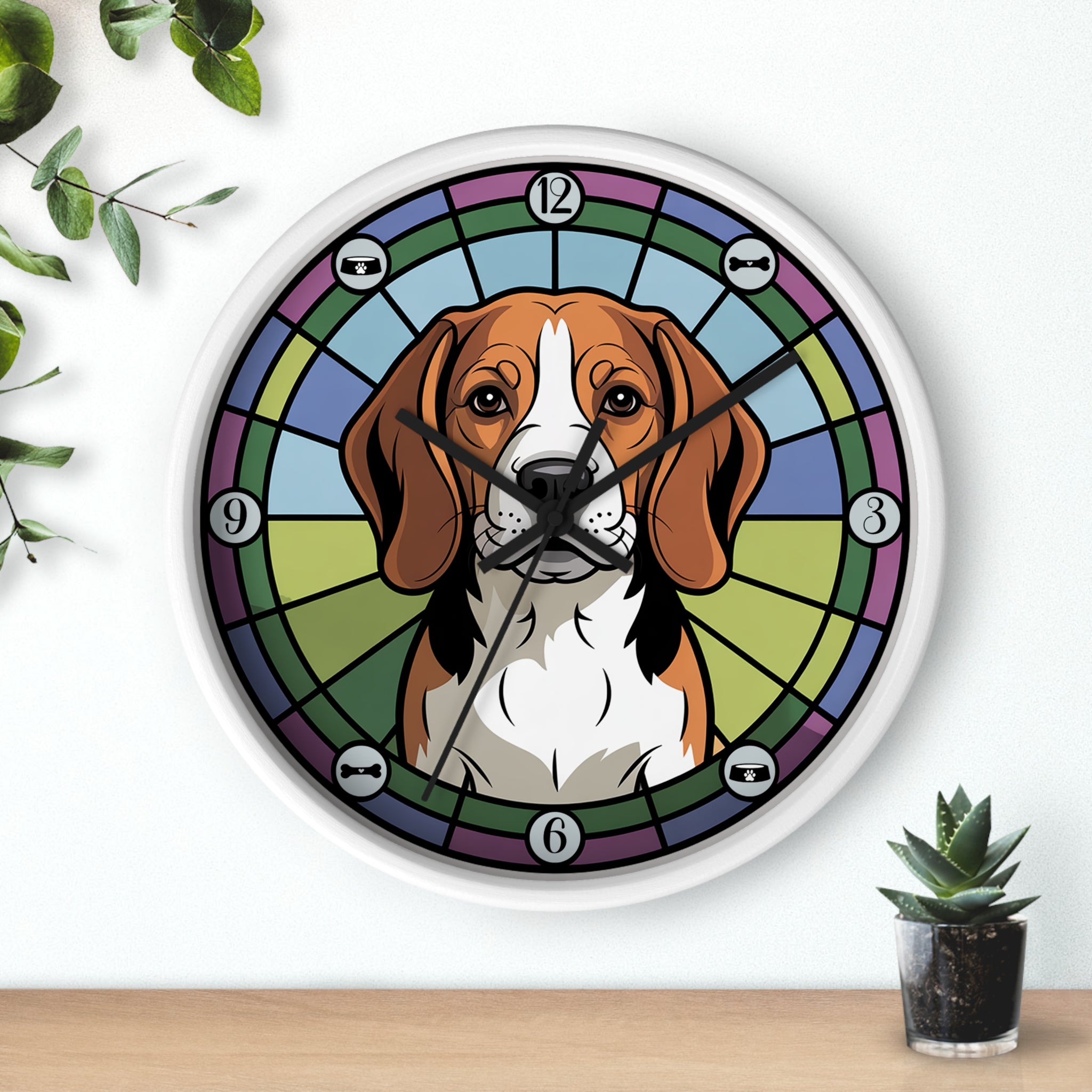 Round white wall clock with a Beagle dog illustration in a colorful frame on a white wall.