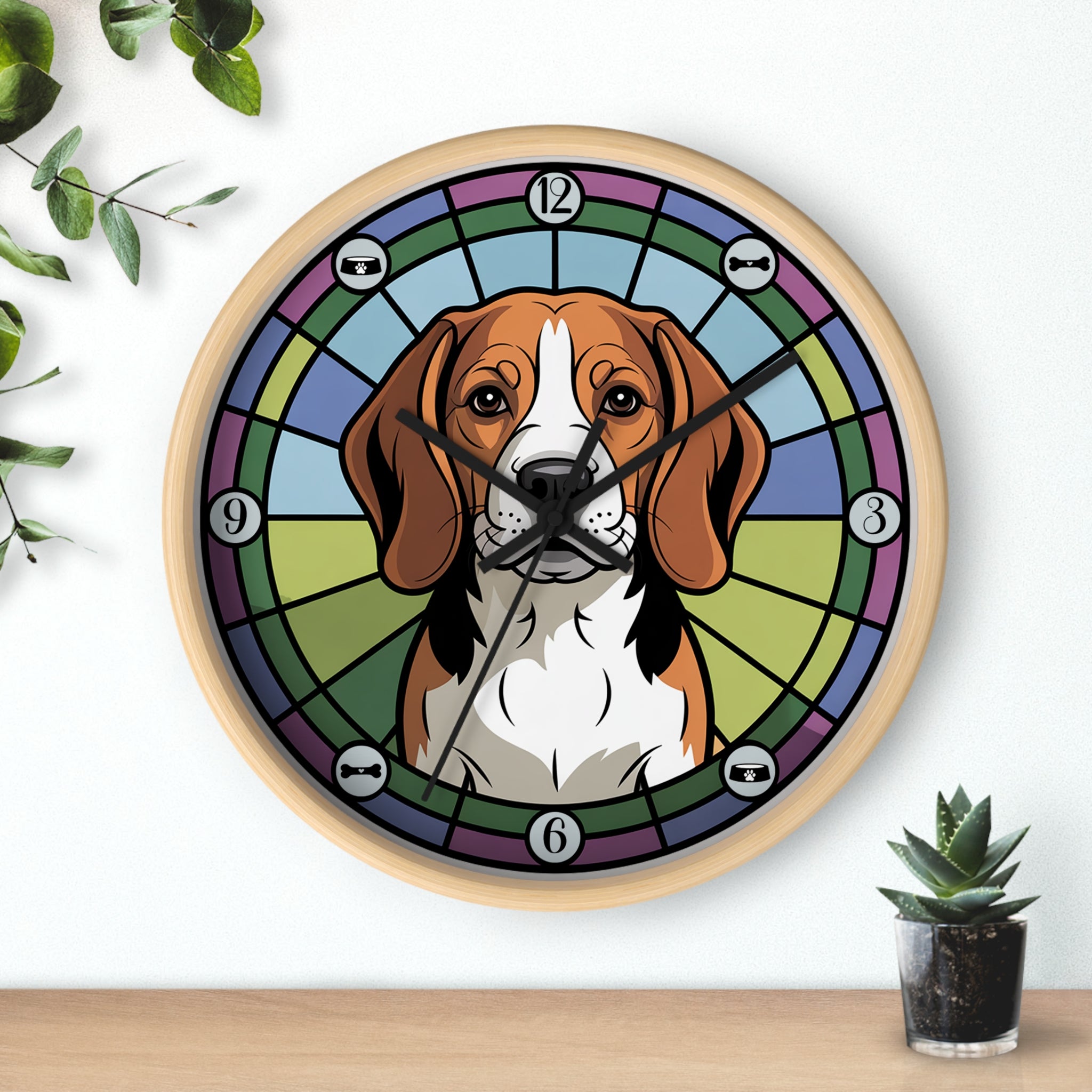 Round wood wall clock with a Beagle dog design on a white background
