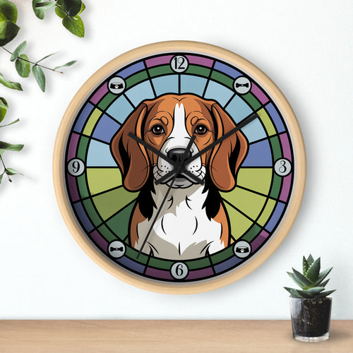 Round wood wall clock with a Beagle dog design on a white background