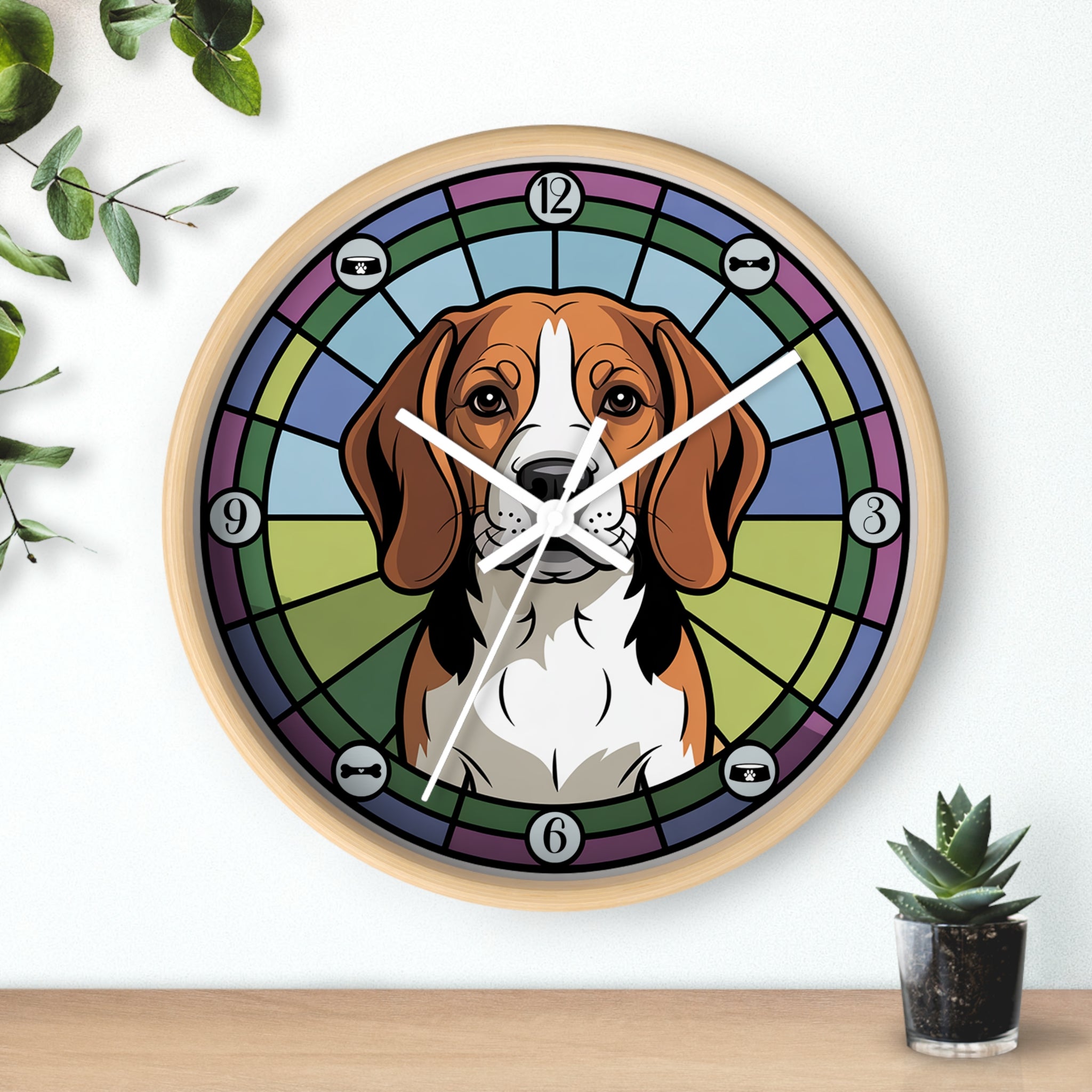 Wood wall clock with a beagle dog design on a white background