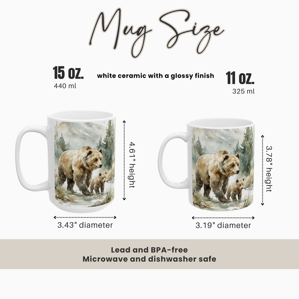 Two mugs with watercolor bear illustrations, showing size comparison and dimensions.