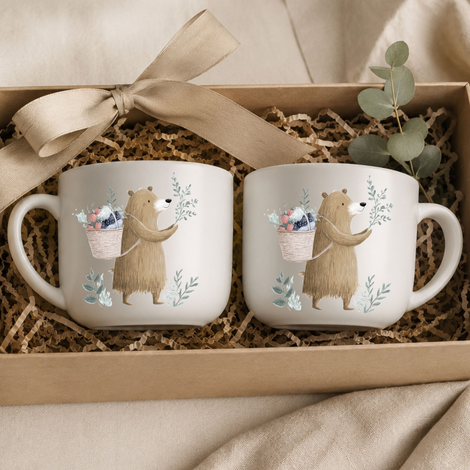25oz Ceramic Latte Mug — Woodland Bear & A Basket of Berries