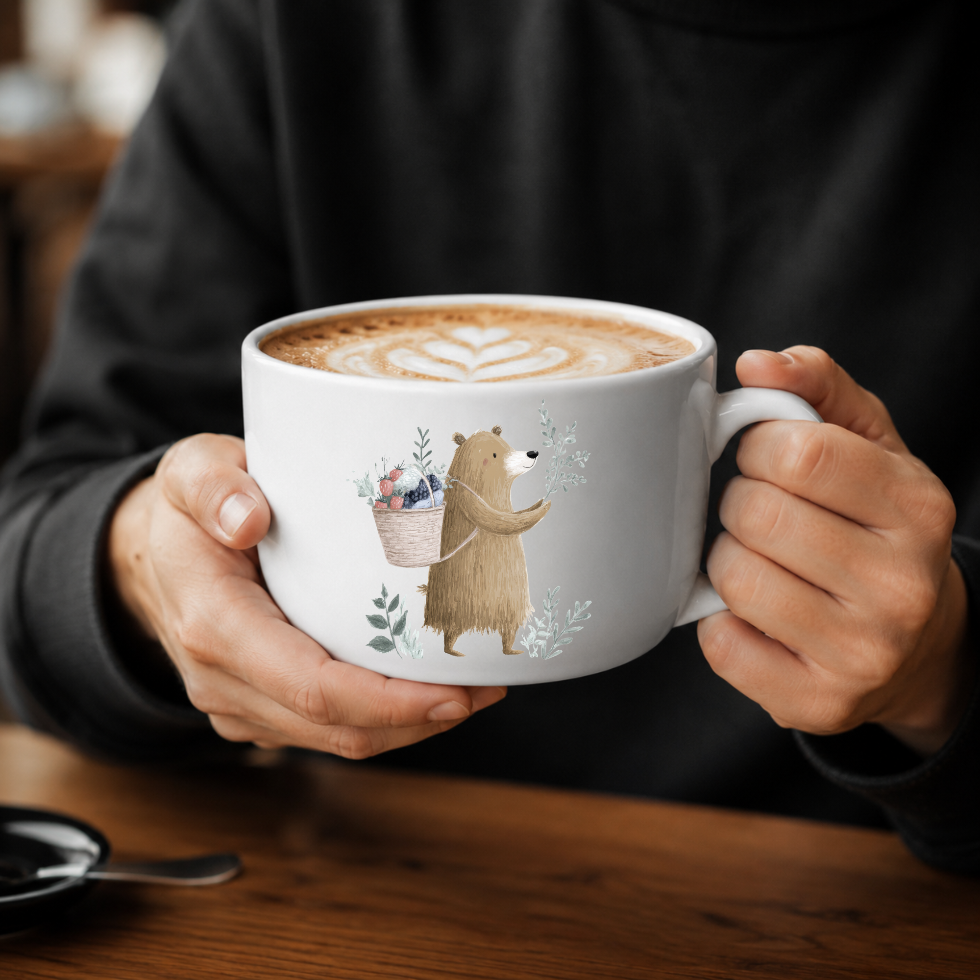 25oz Ceramic Latte Mug — Woodland Bear & A Basket of Berries