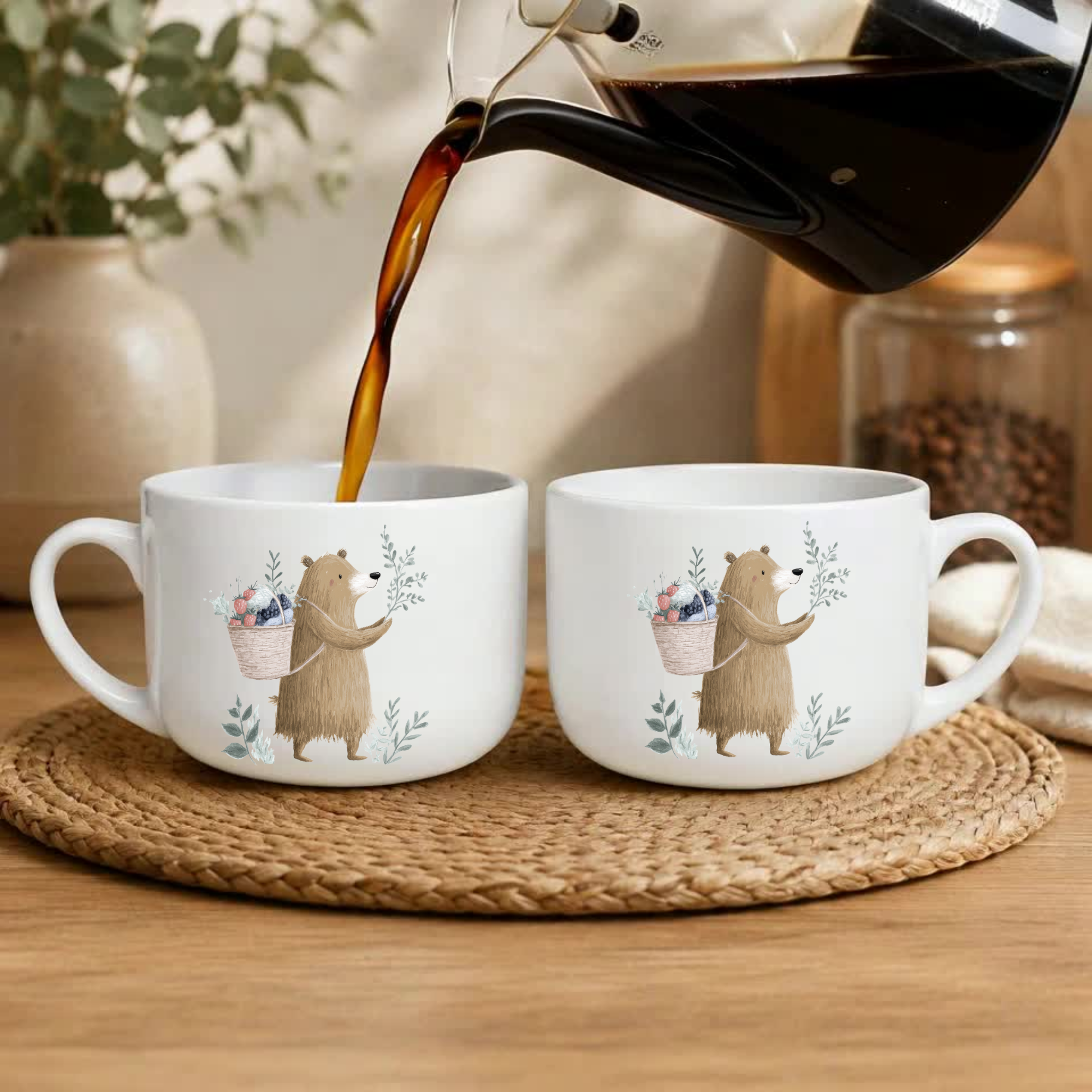 25oz Ceramic Latte Mug — Woodland Bear & A Basket of Berries