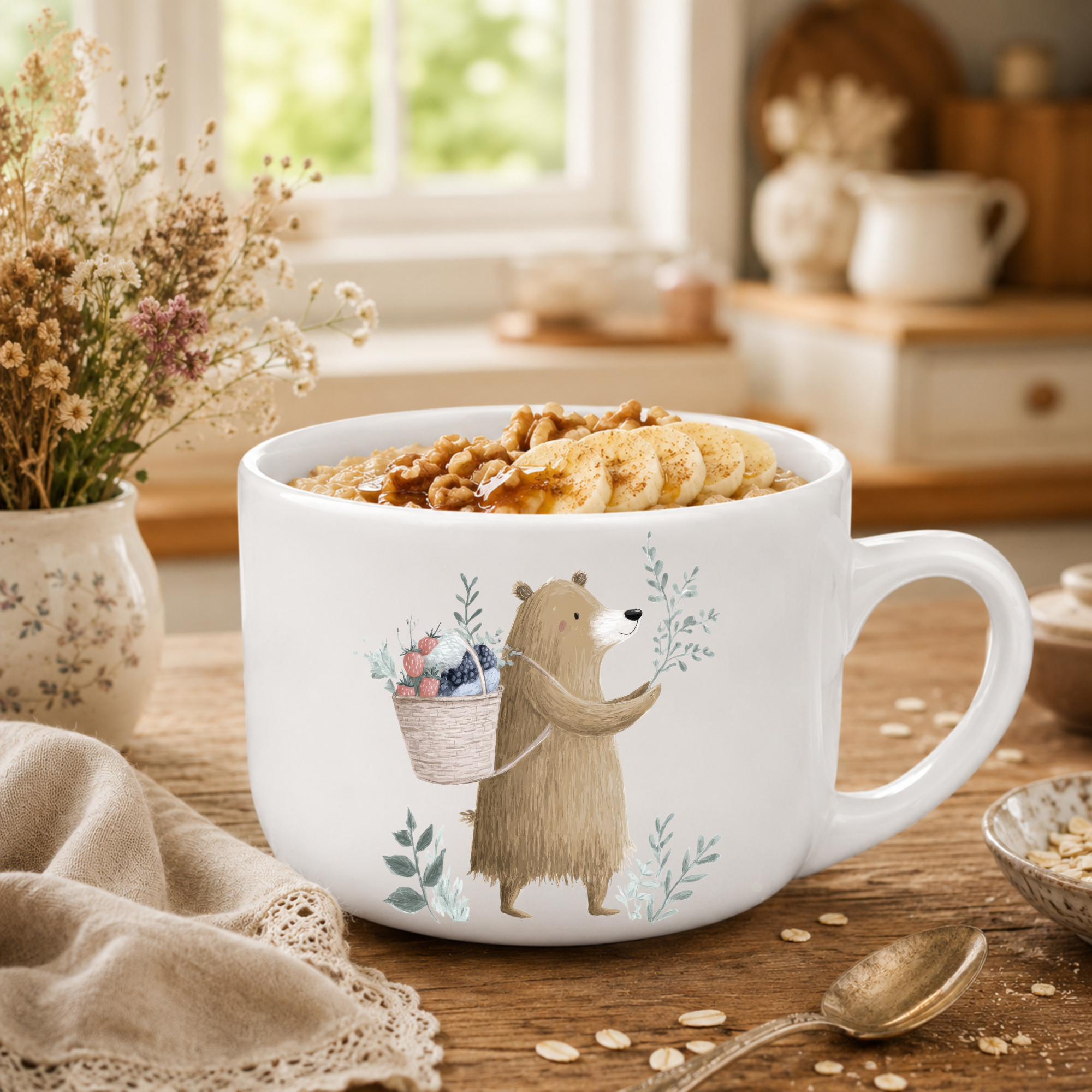 25oz Ceramic Latte Mug — Woodland Bear & A Basket of Berries