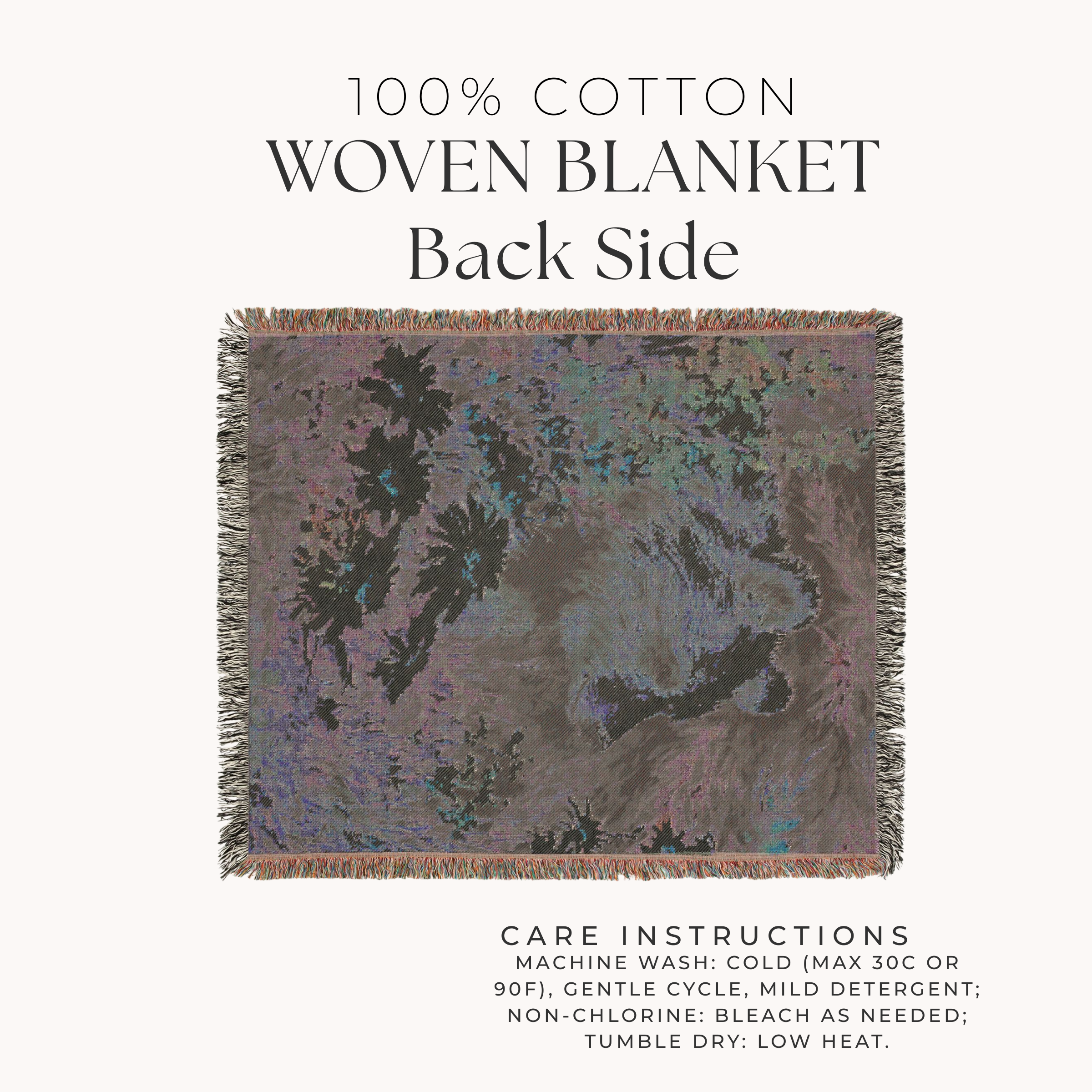 Back side of  a Woven blanket with care instructions on a white background