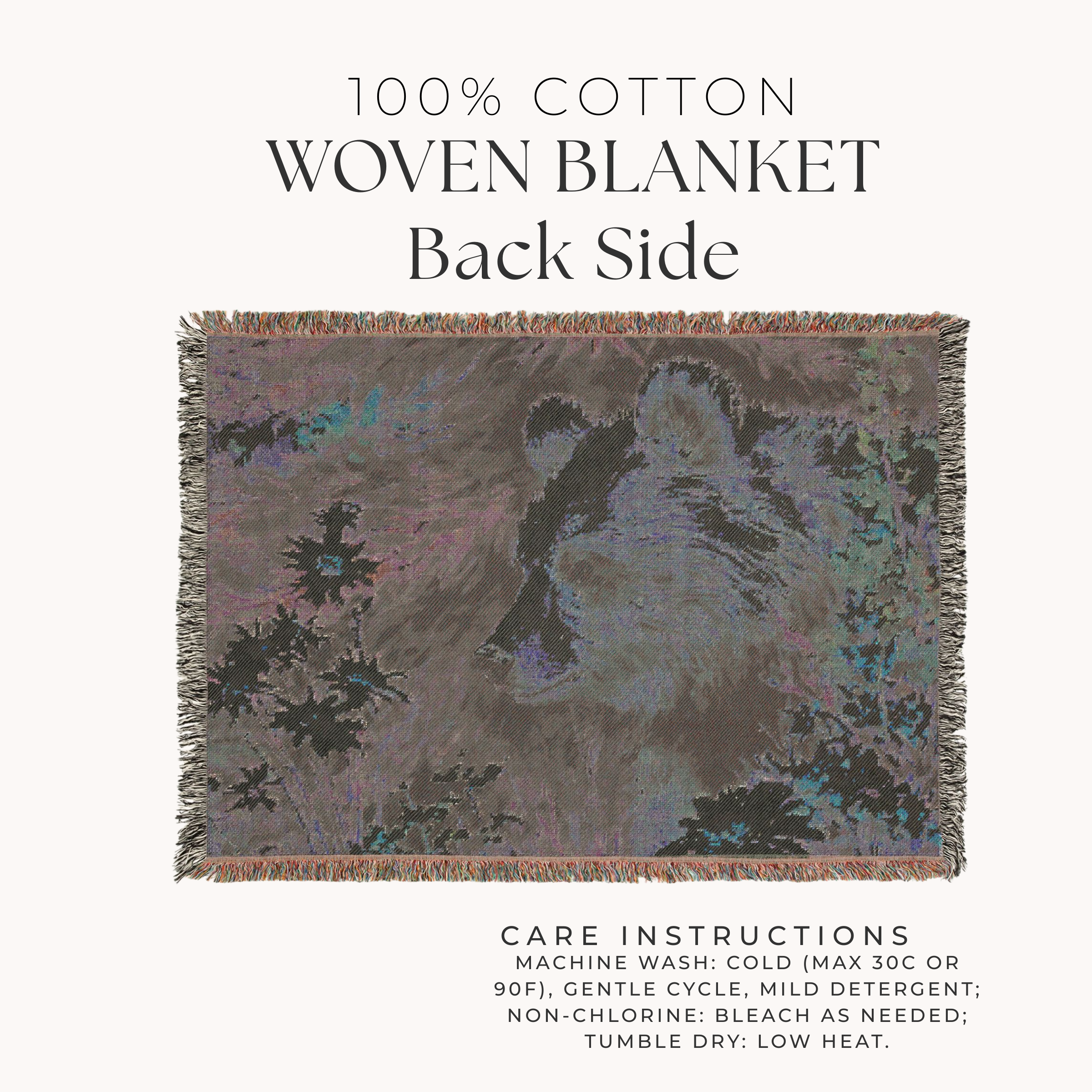 Back side of woven blanket with care instructions on a white background