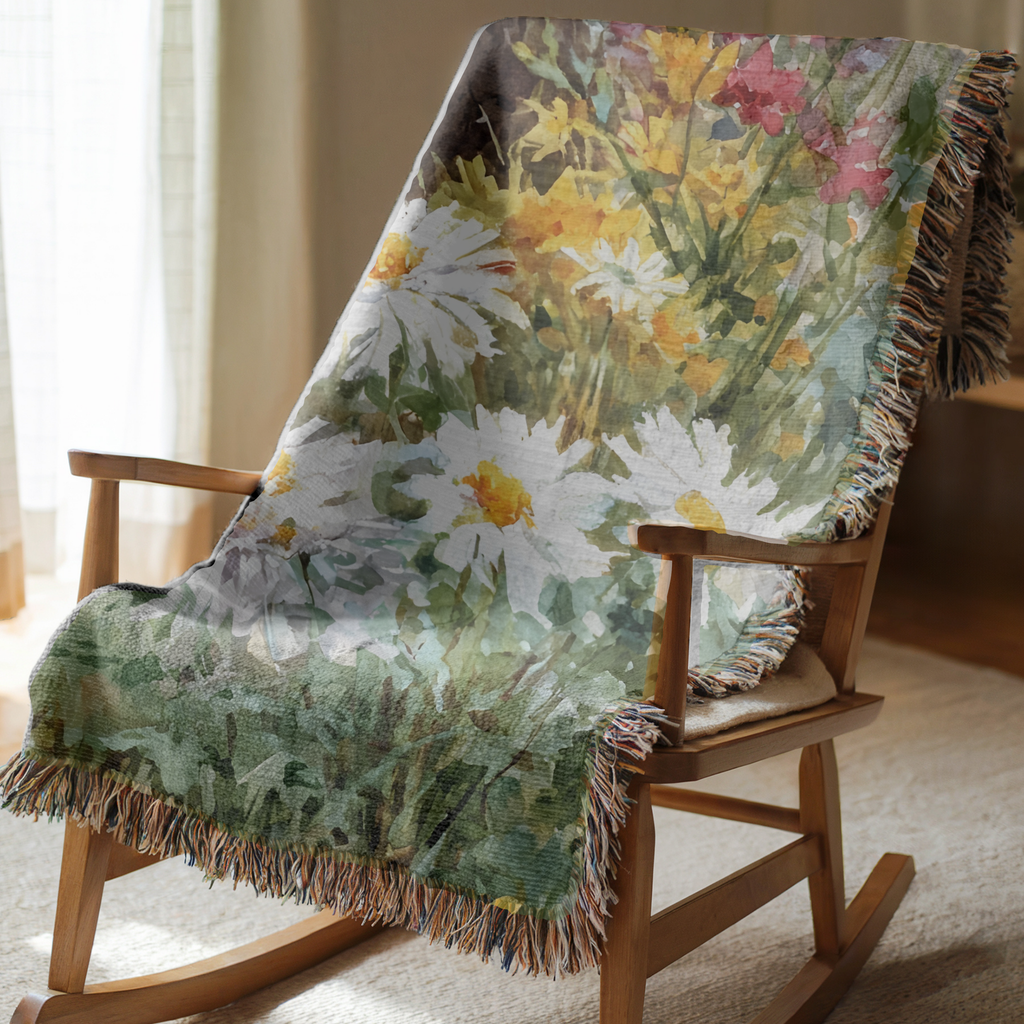 Floral-patterned woven throw blanket draped over a wooden rocking chair.
