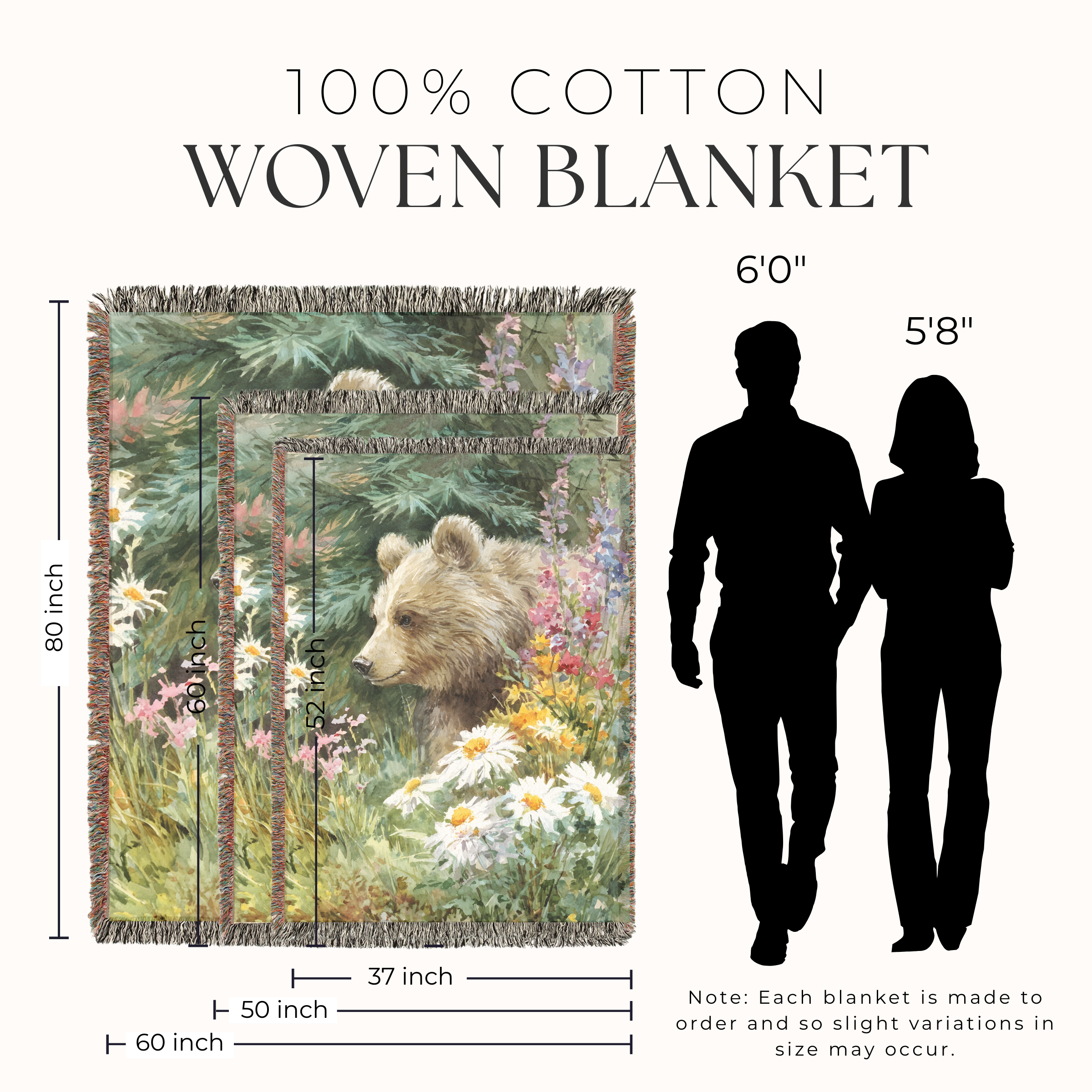 Woven blanket with bear design and dimensions shown, featuring a man and woman for scale.