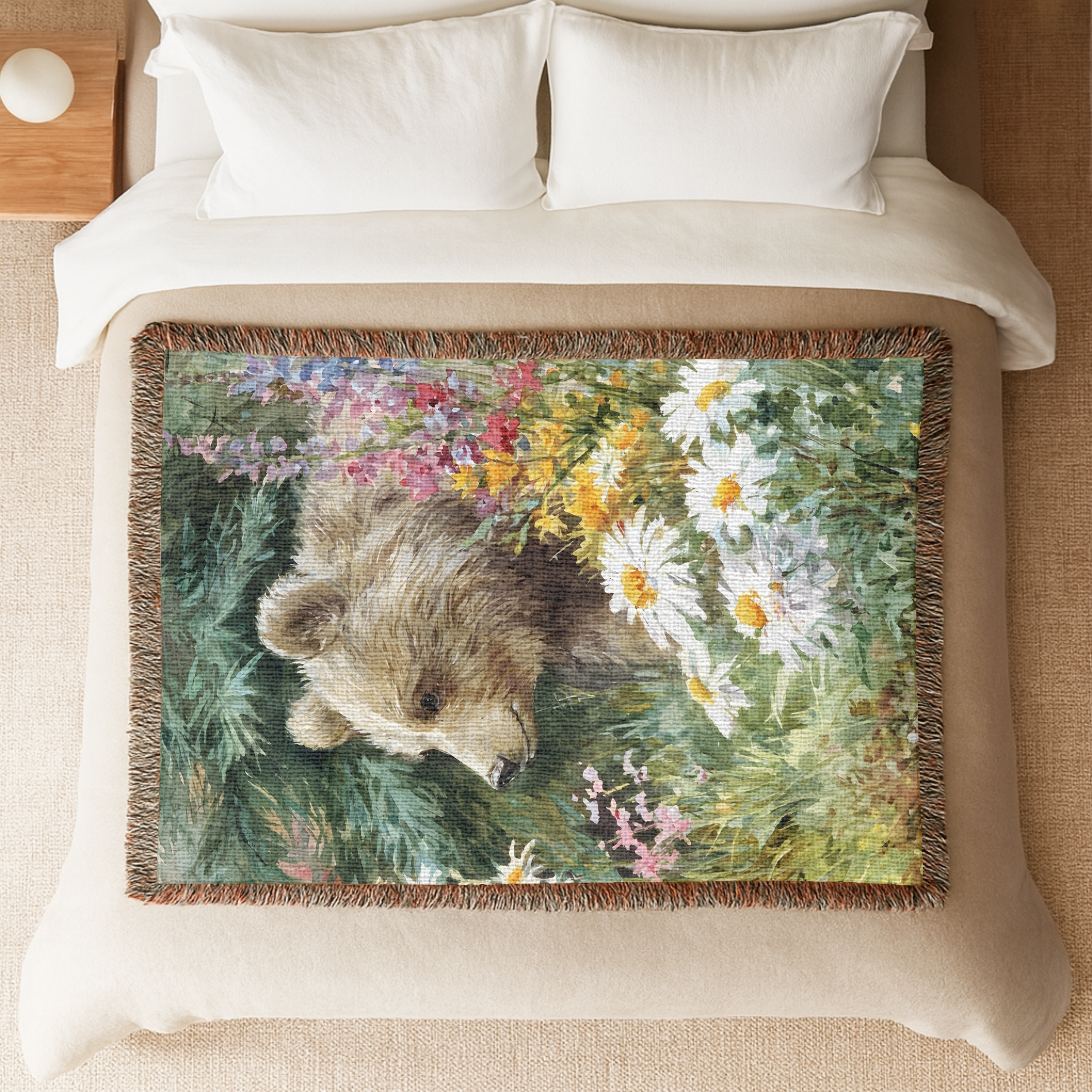 Decorative woven throw blanket with a bear and floral design on a bed