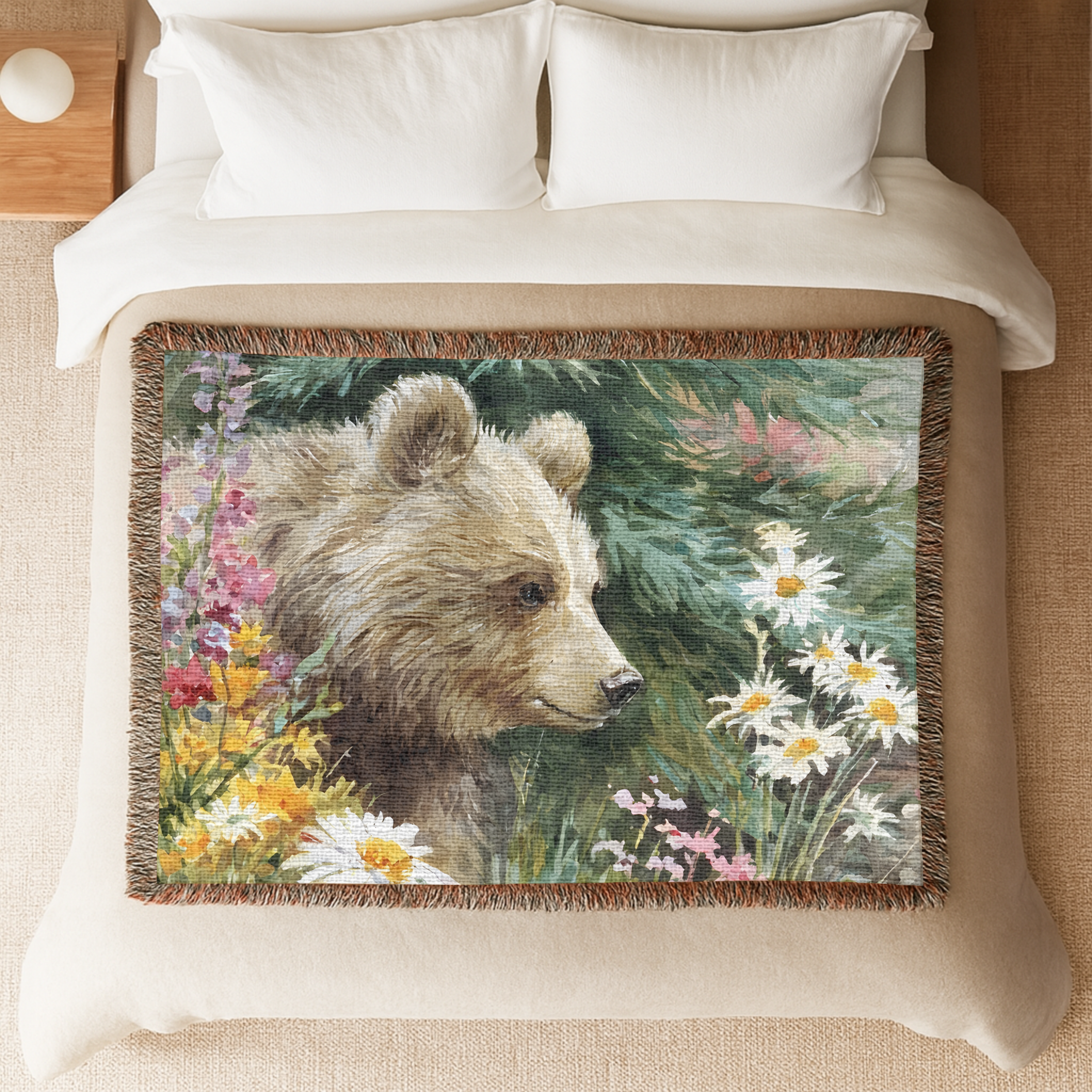 Horizontal woven blanket with a bear and floral design on a bed
