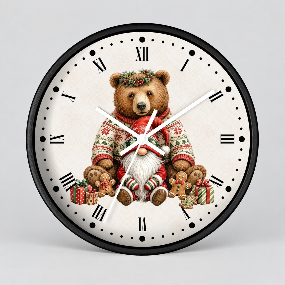 Christmas Bear & Gnome Wall Clock — Festive Holiday Animal Home Decor