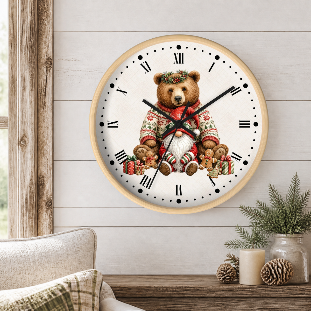 Christmas Bear & Gnome Wall Clock — Festive Holiday Animal Home Decor