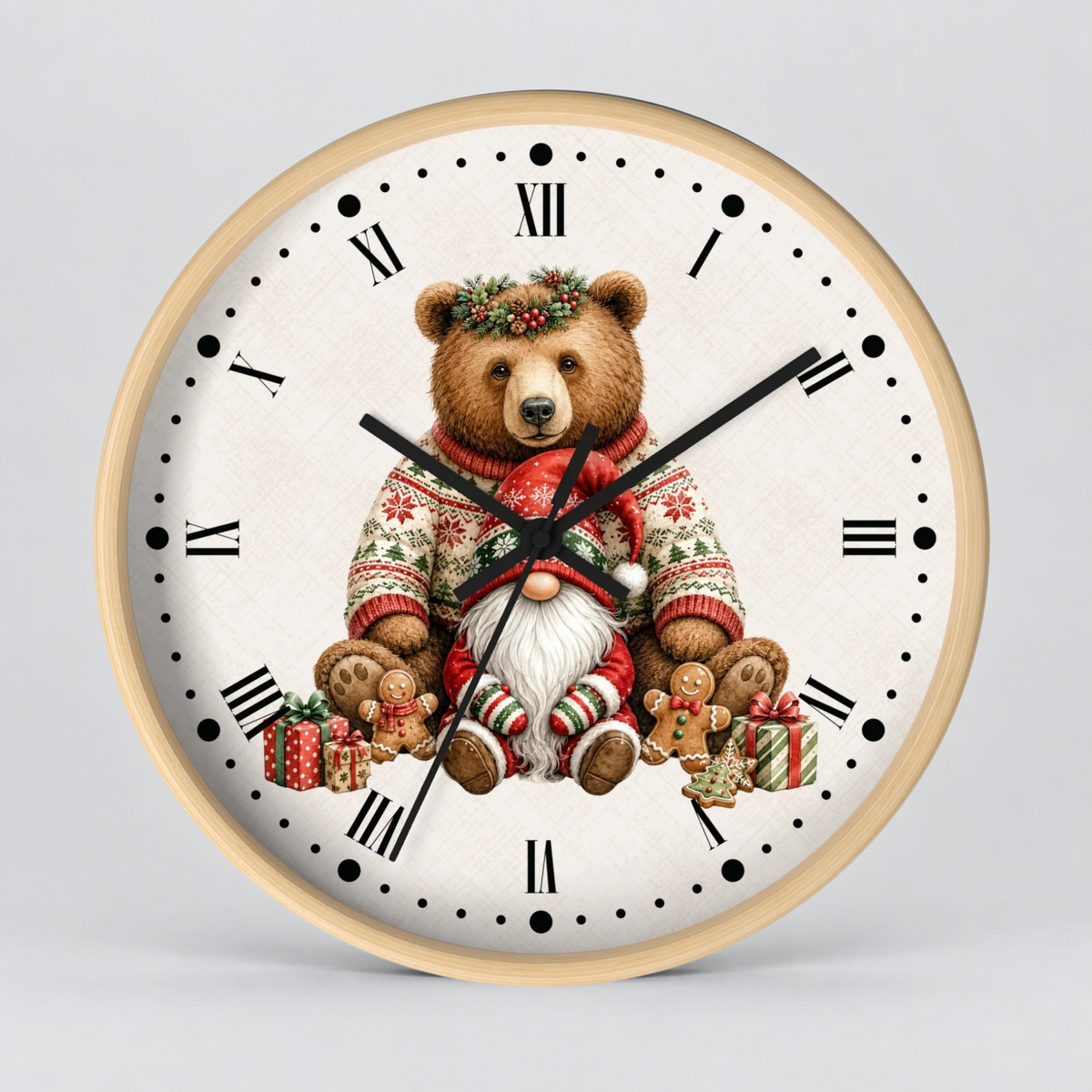 Christmas Bear & Gnome Wall Clock — Festive Holiday Animal Home Decor