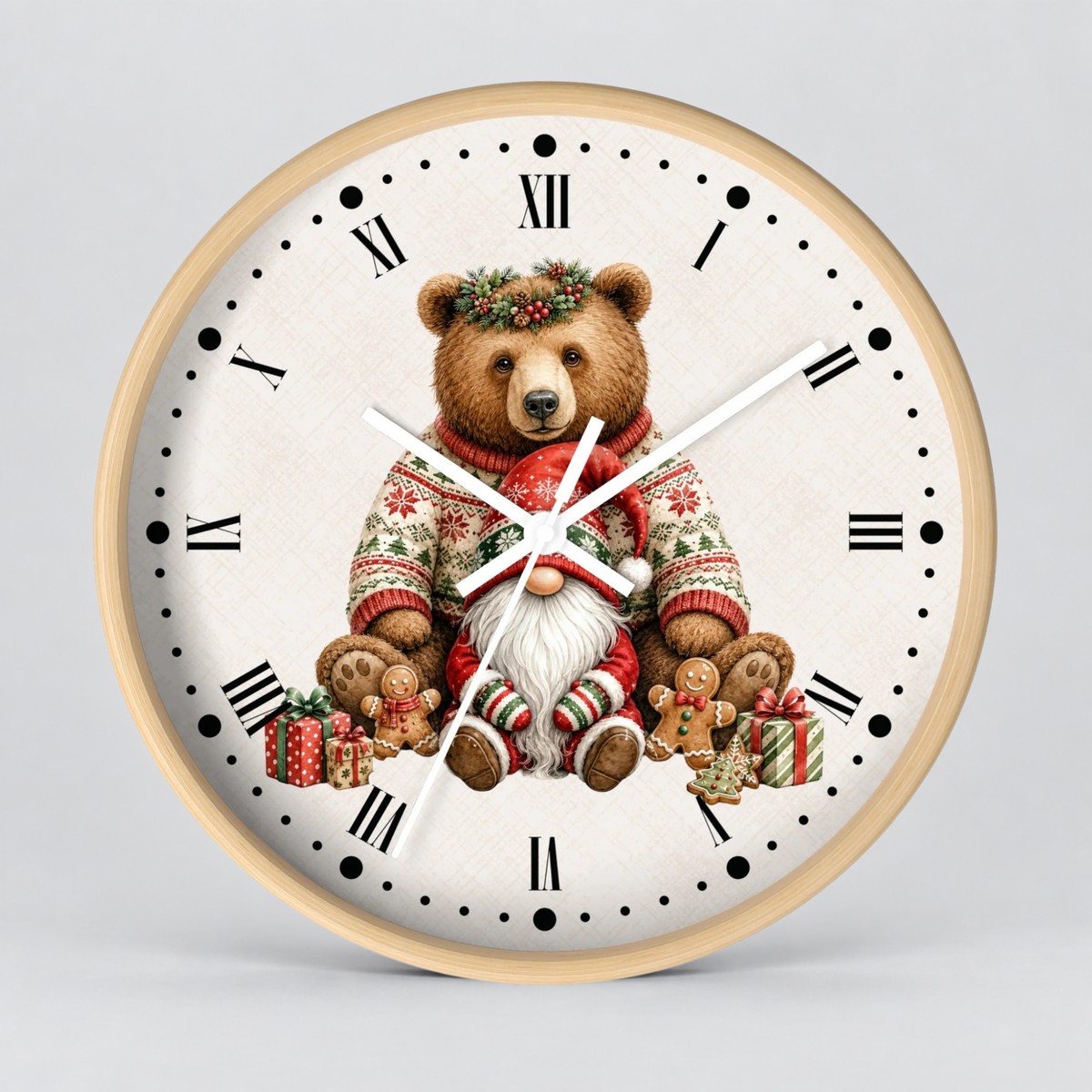 Christmas Bear & Gnome Wall Clock — Festive Holiday Animal Home Decor