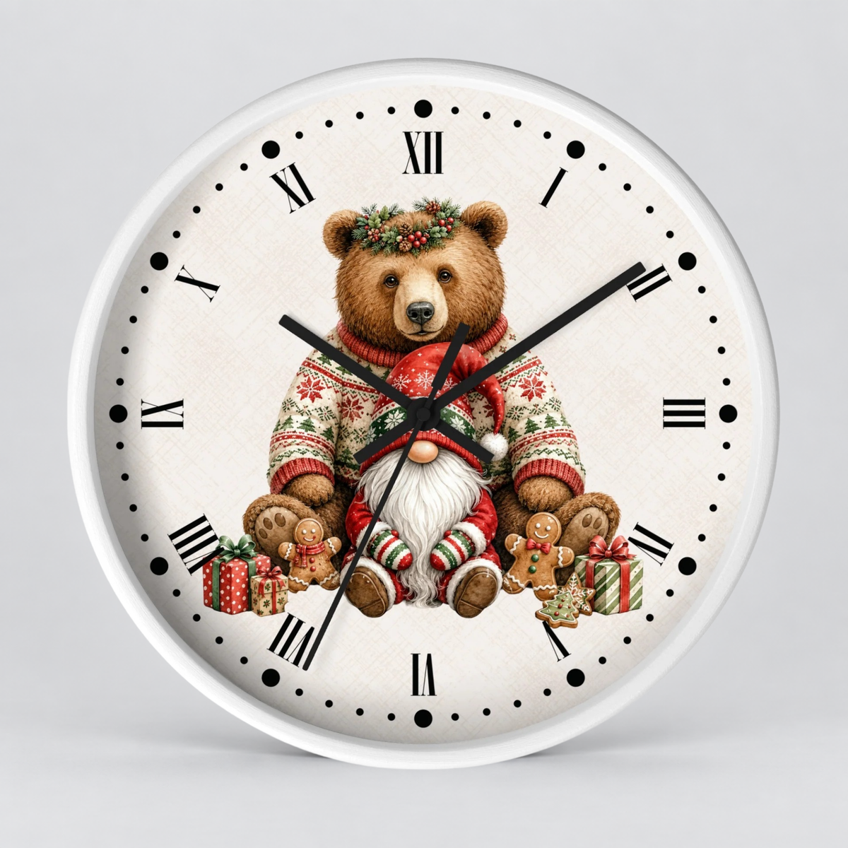 Christmas Bear & Gnome Wall Clock — Festive Holiday Animal Home Decor