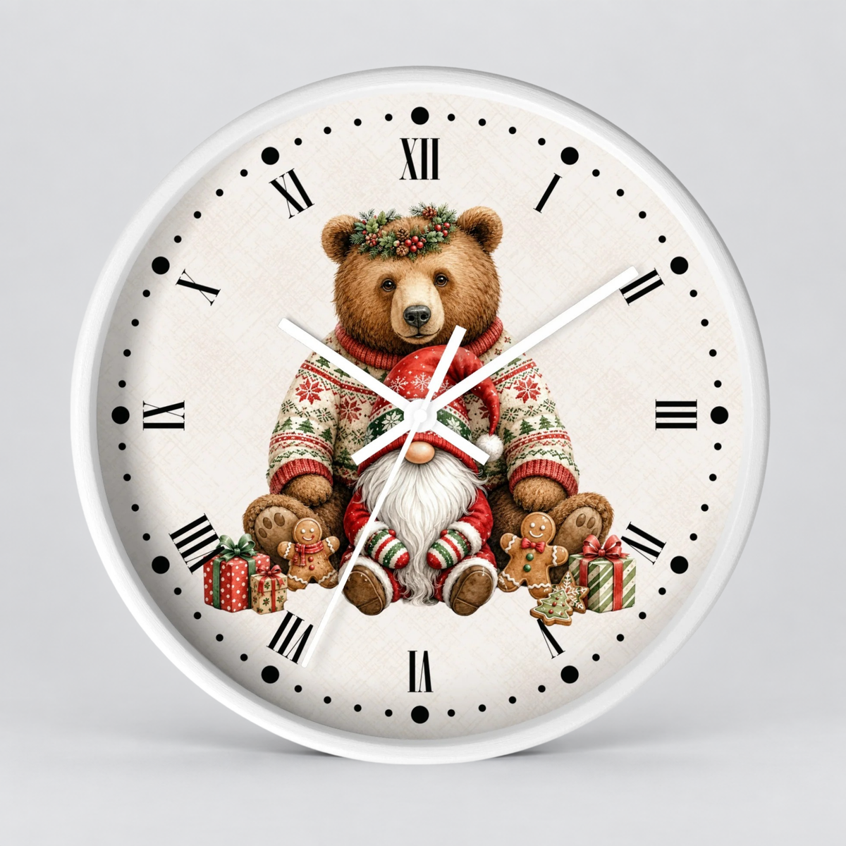 Christmas Bear & Gnome Wall Clock — Festive Holiday Animal Home Decor