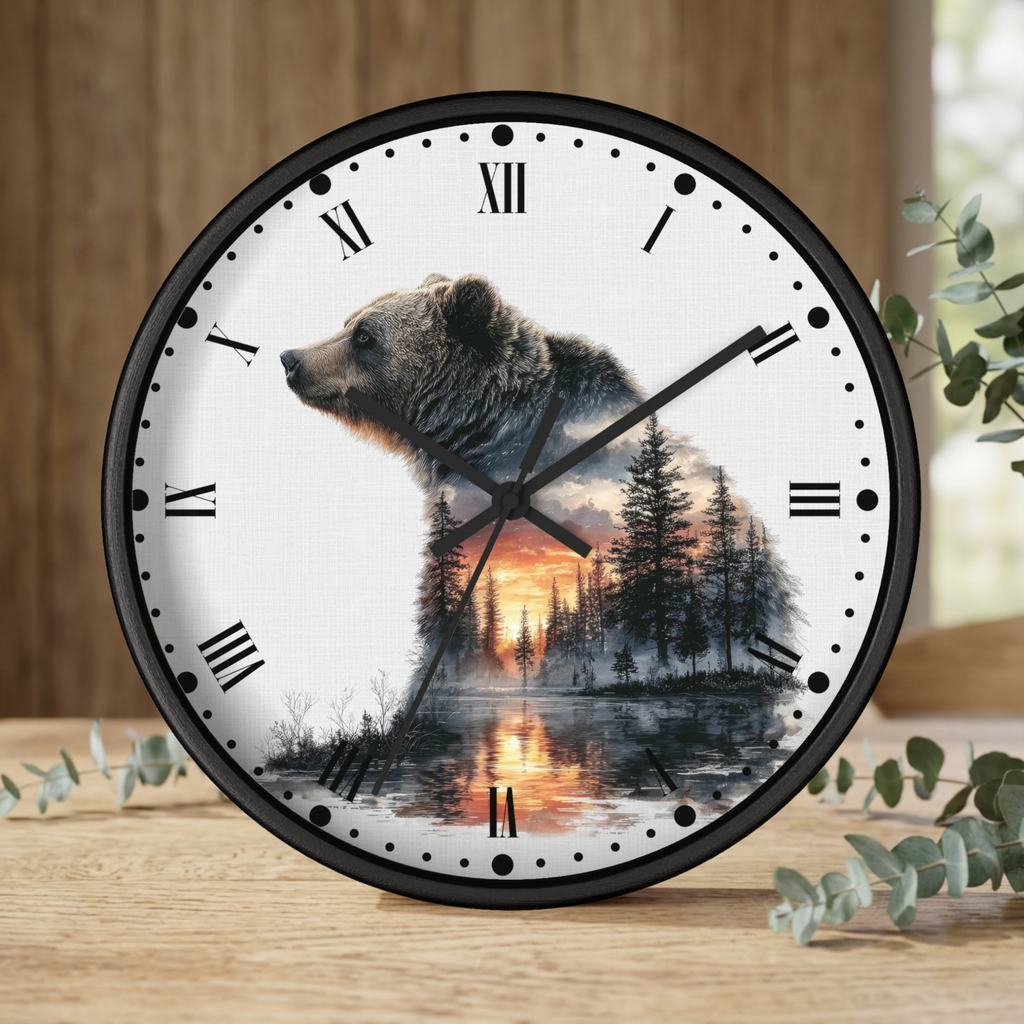 Bear Landscape Wall Clock — Rustic Wildlife Decor