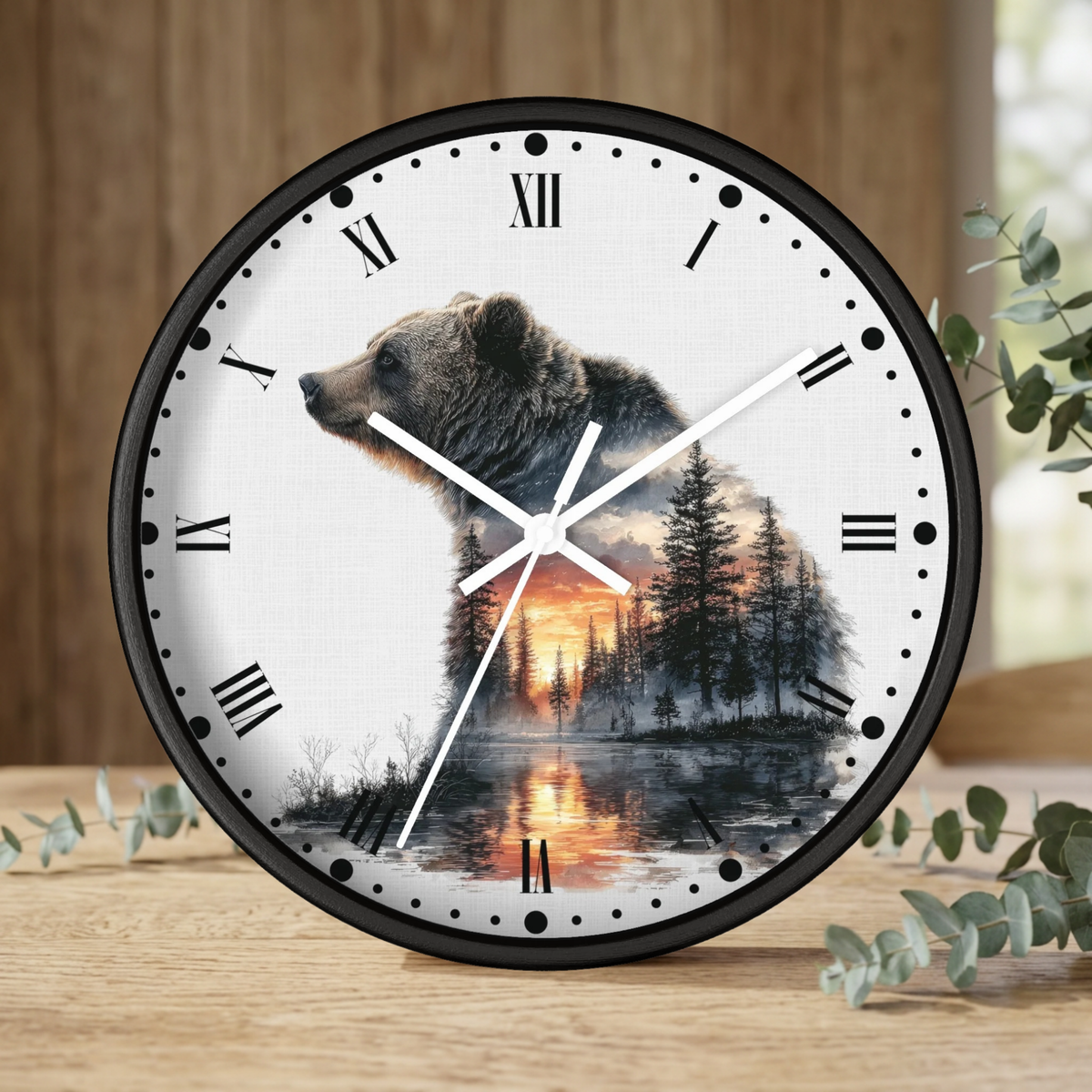 Bear Landscape Wall Clock — Rustic Wildlife Decor