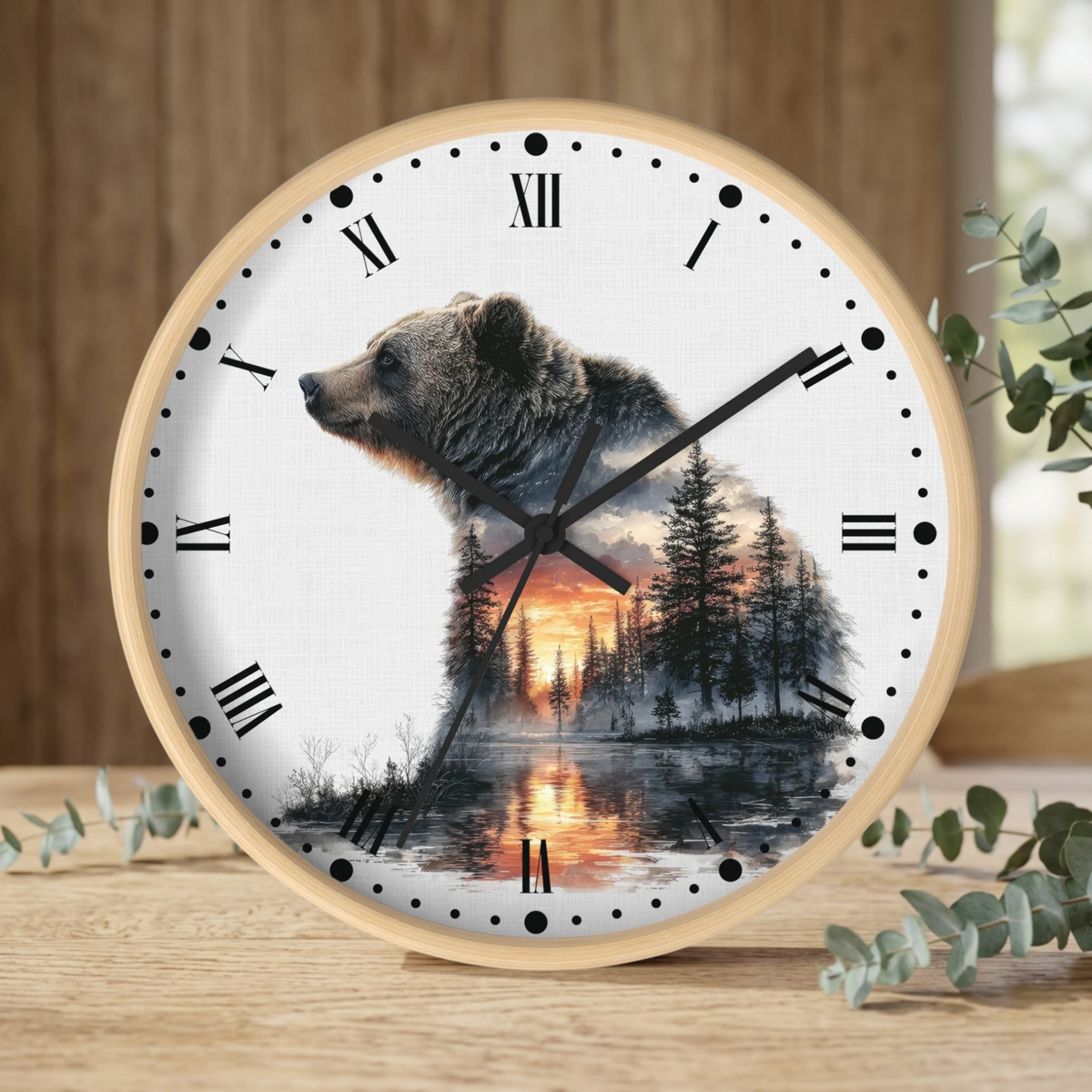 Bear Landscape Wall Clock — Rustic Wildlife Decor