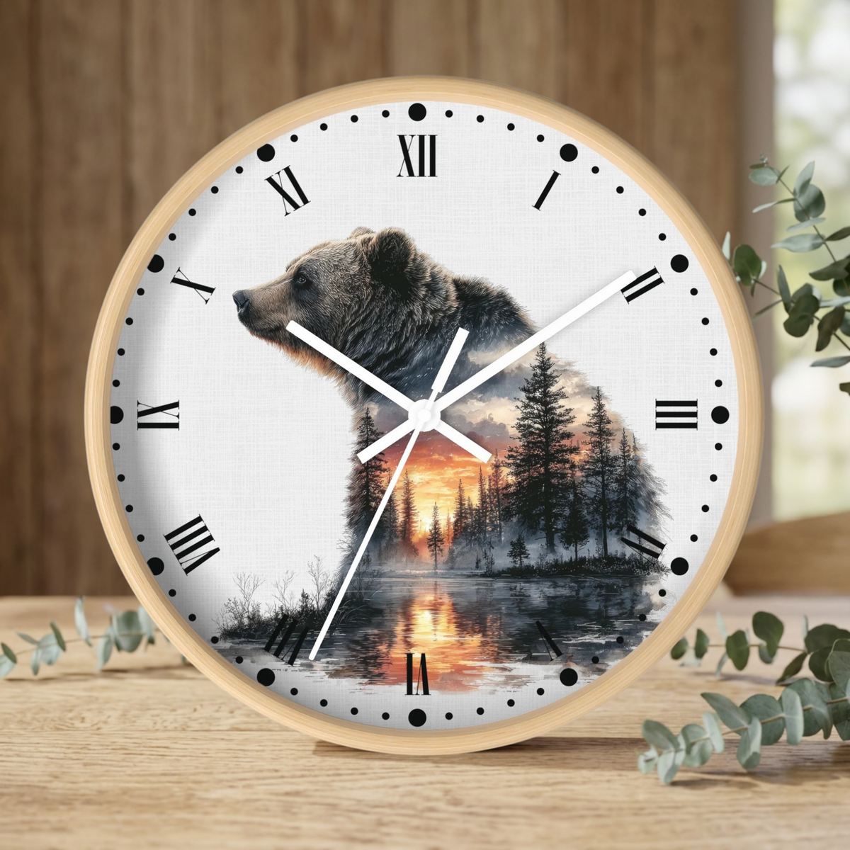 Bear Landscape Wall Clock — Rustic Wildlife Decor