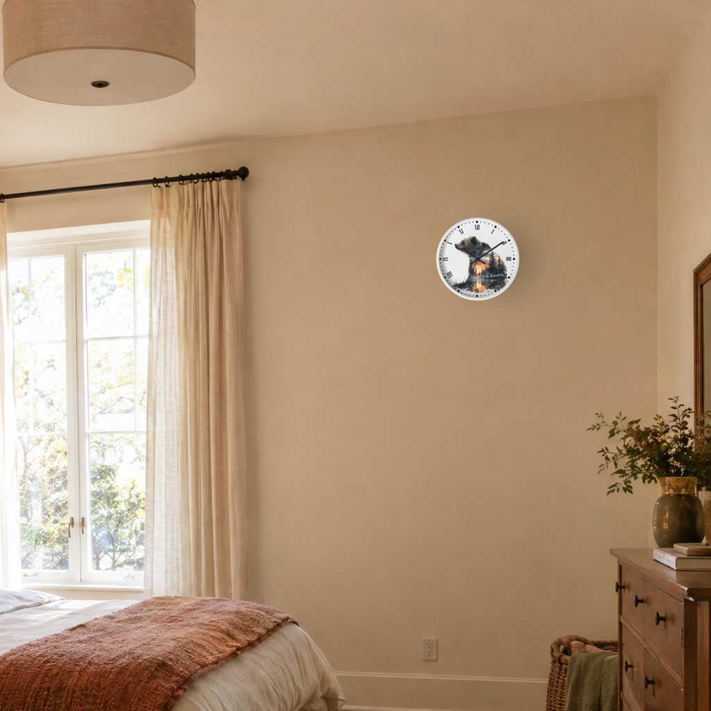 Bear Landscape Wall Clock — Rustic Wildlife Decor