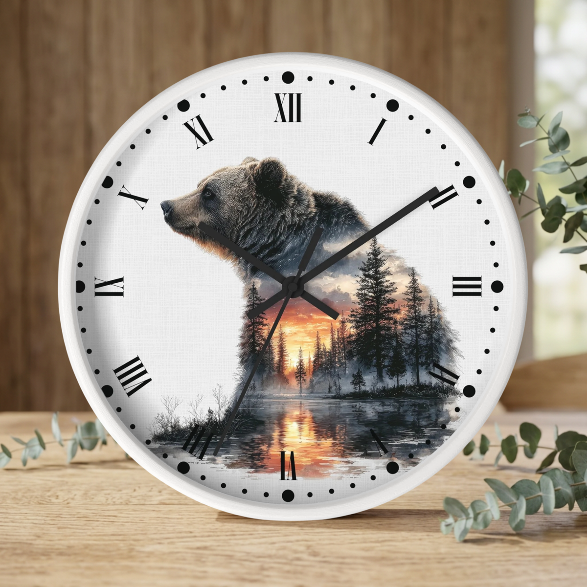 Bear Landscape Wall Clock — Rustic Wildlife Decor