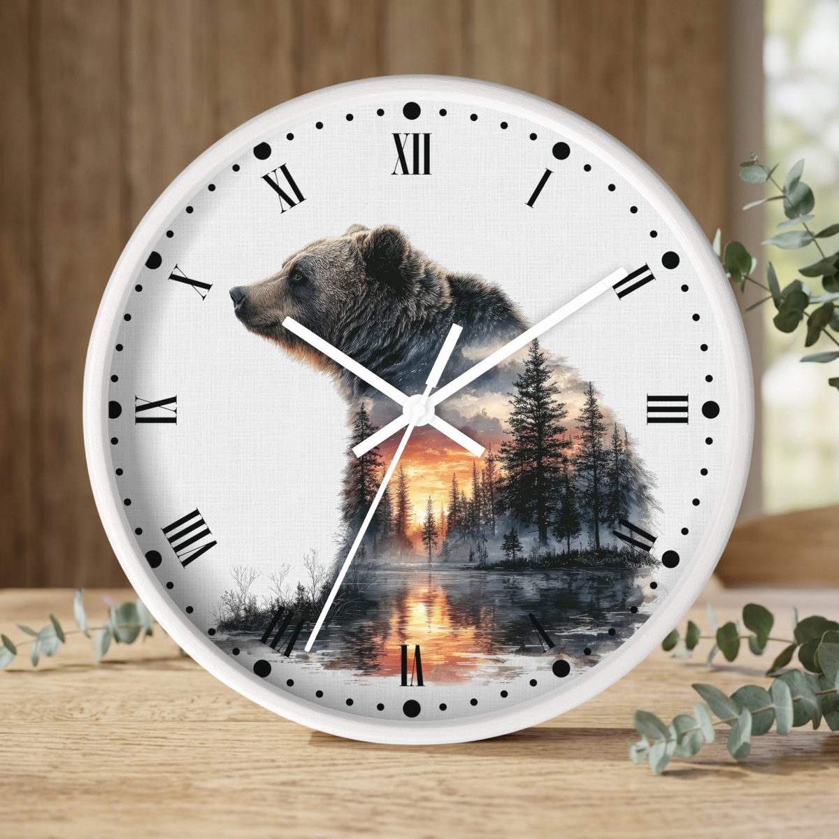 Bear Landscape Wall Clock — Rustic Wildlife Decor