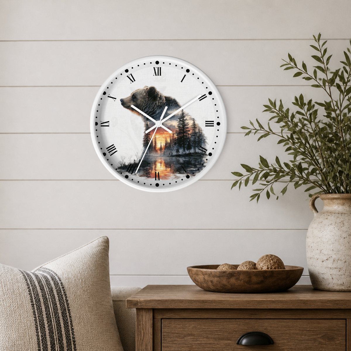 Bear Landscape Wall Clock — Rustic Wildlife Decor