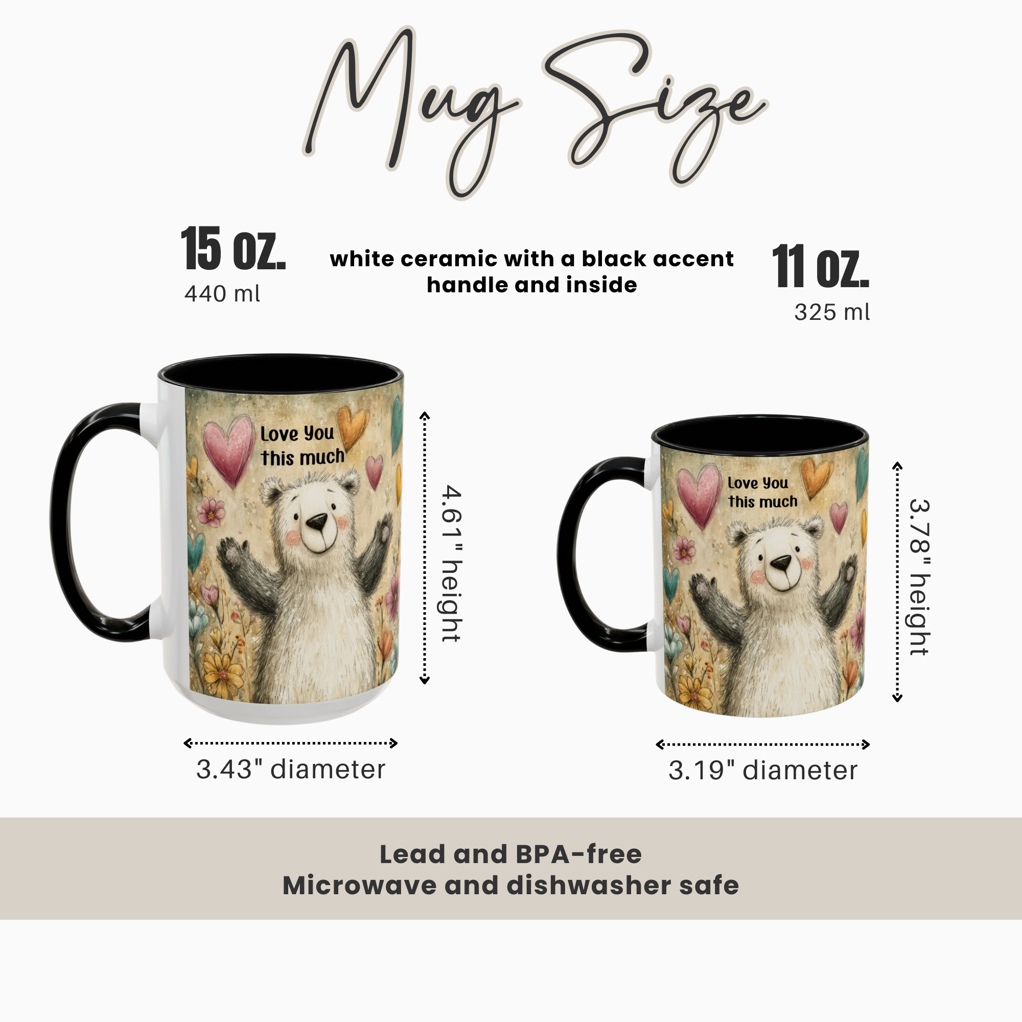 Two black accent mugs with a bear design and measurements on a white background