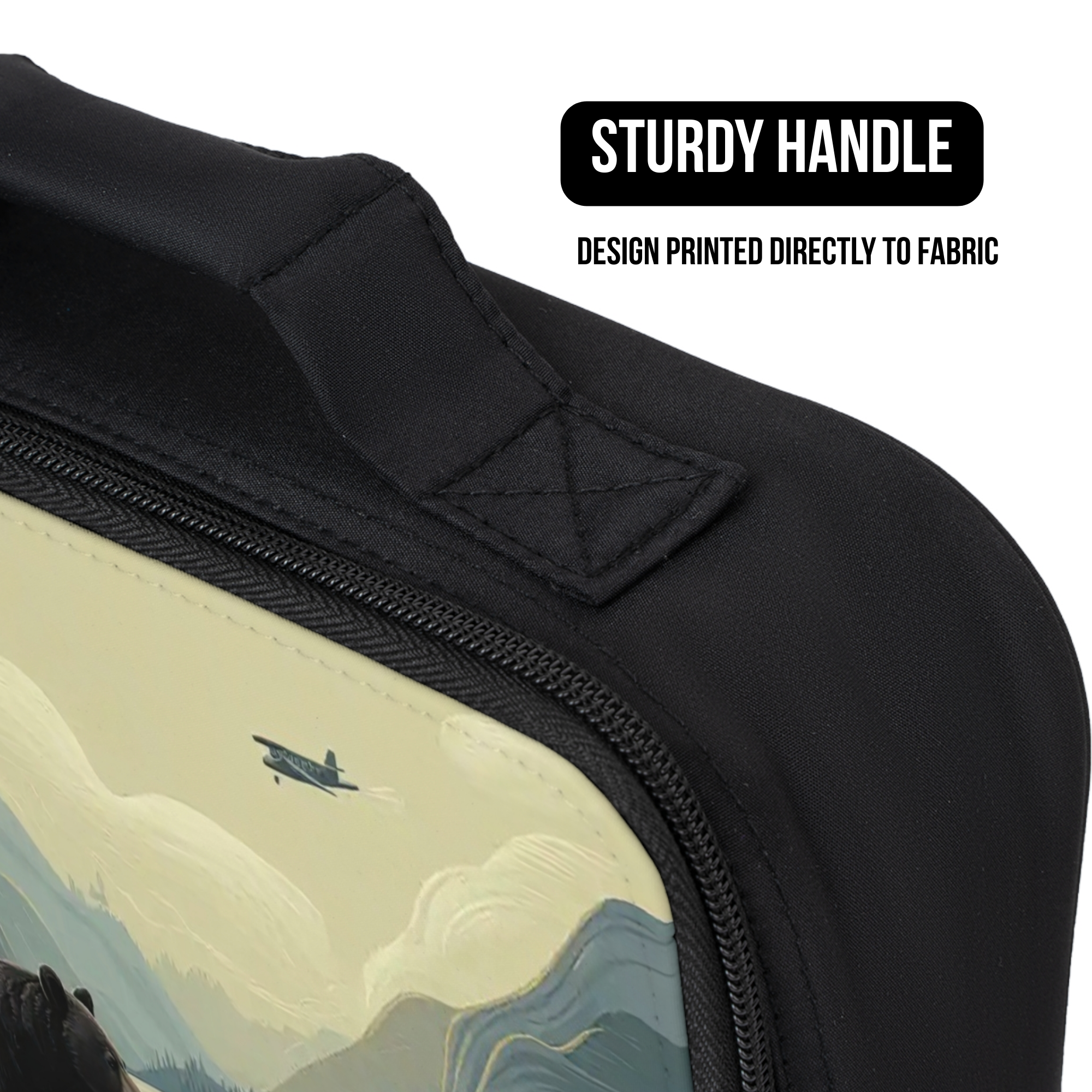 Black lunch bag with a design printed directly to fabric and a sturdy handle.